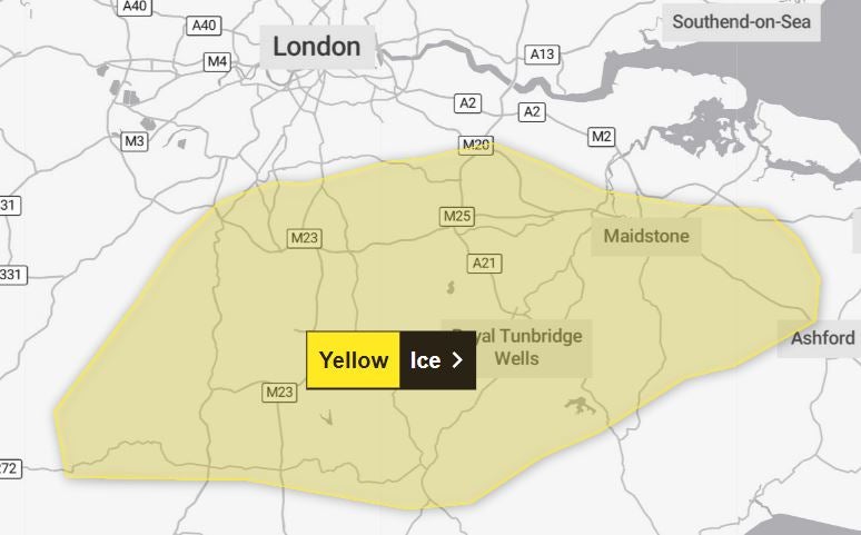 An ice warning is in place for south east England on Monday morning