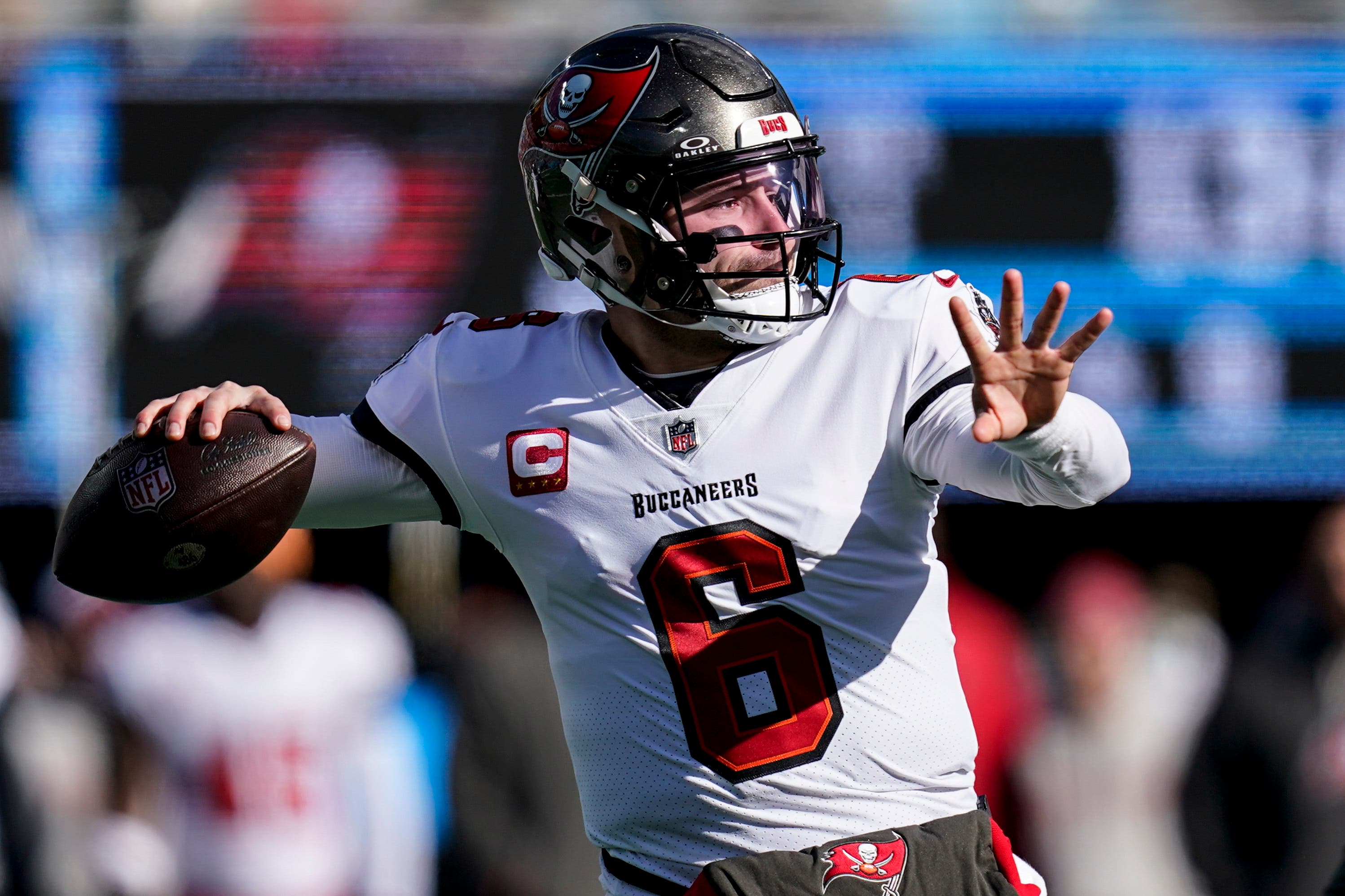 Tampa Bay Buccaneers quarterback Baker Mayfield in action against the Carolina Panthers (Erik Verduzco/AP)