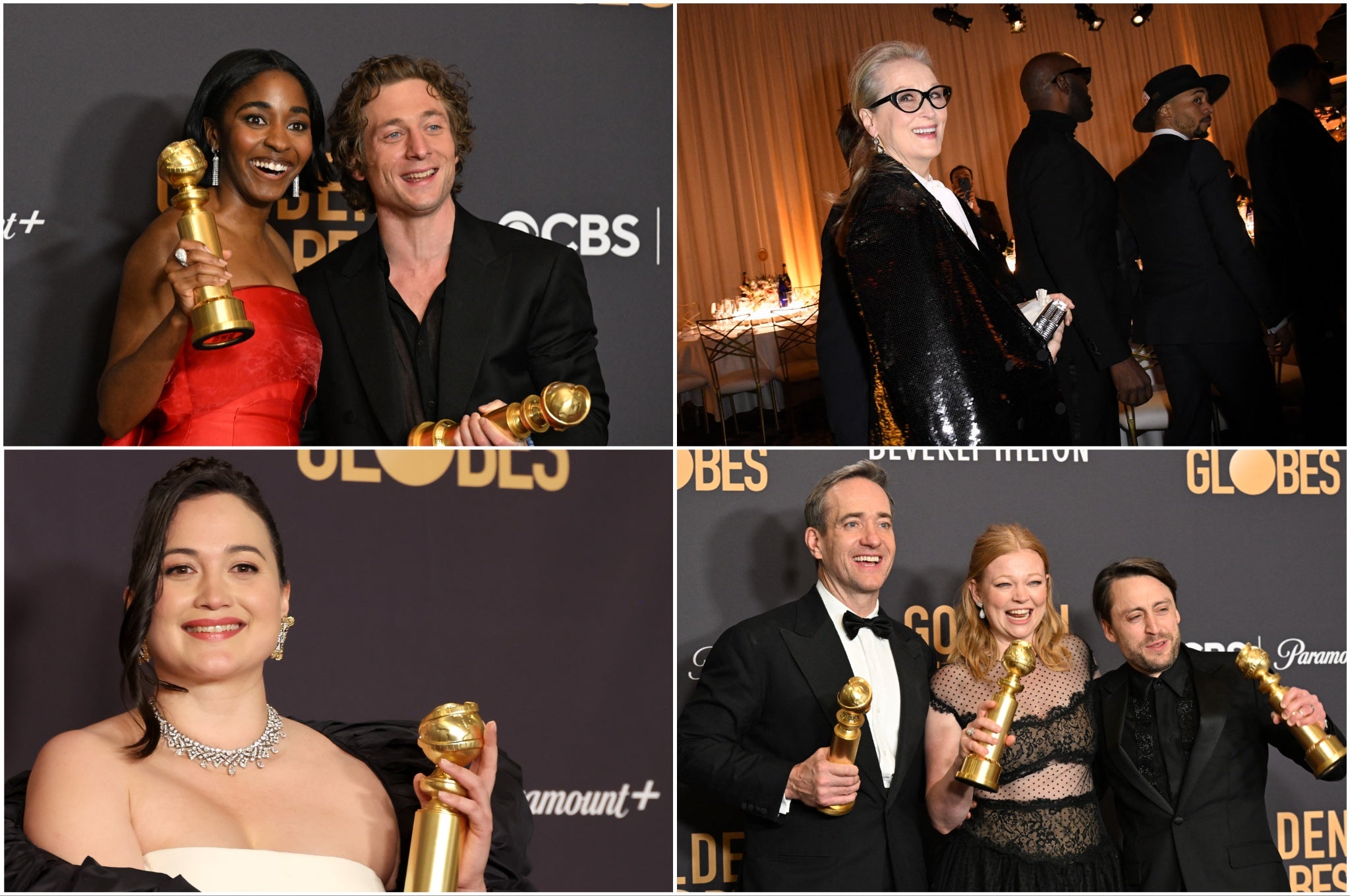 Clockwise from bottom left: Lily Gladstone, Ayo Edebiri and Jeremy Allen White, Meryl Steep, Matthew MacFayden, Sarah Snook and Kieran Culkin