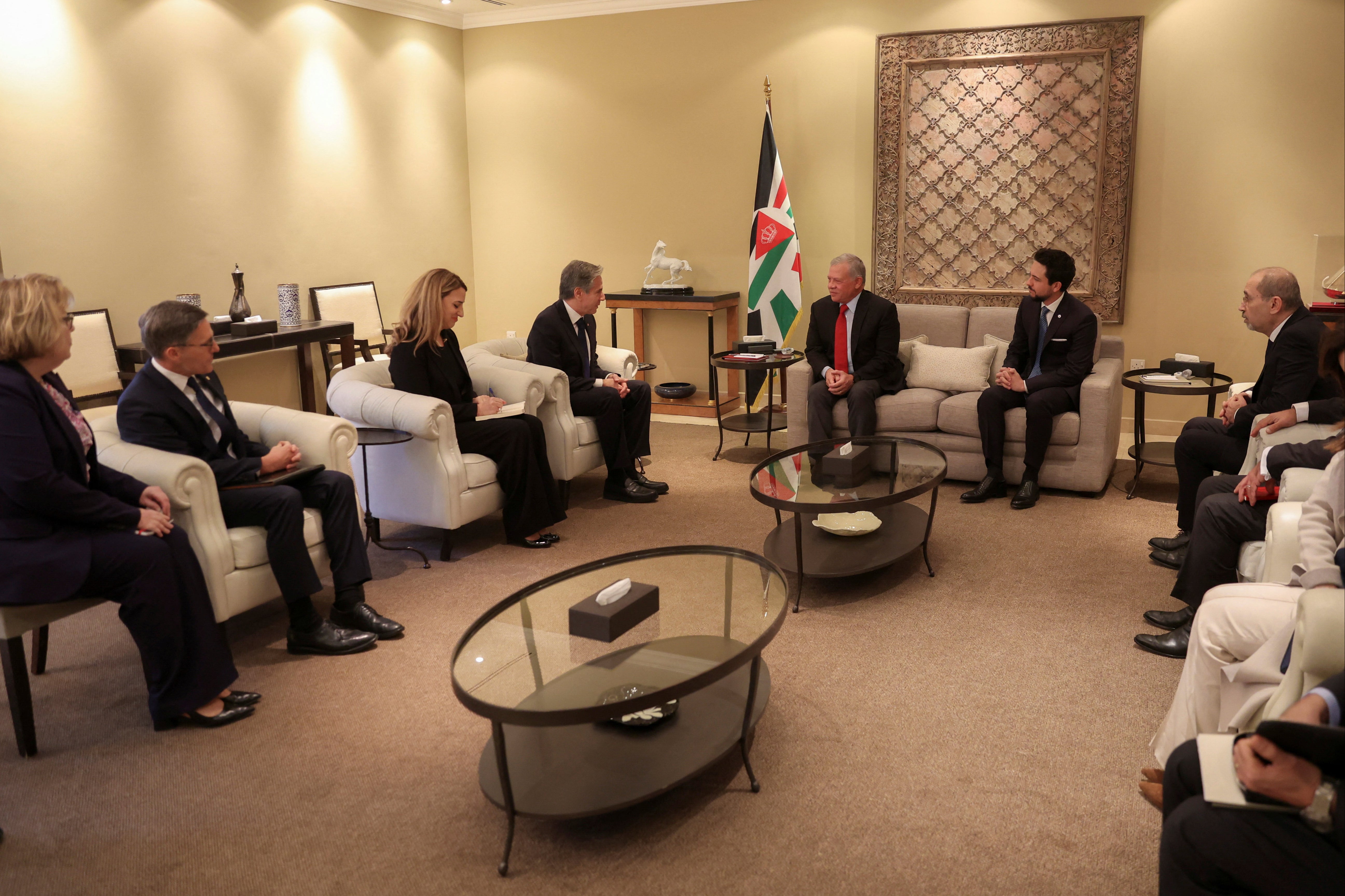 Jordan’s King Abdullah II, centre, and Crown Prince Hussein, centre right, meet with US Secretary of State Antony Blinken, centre left