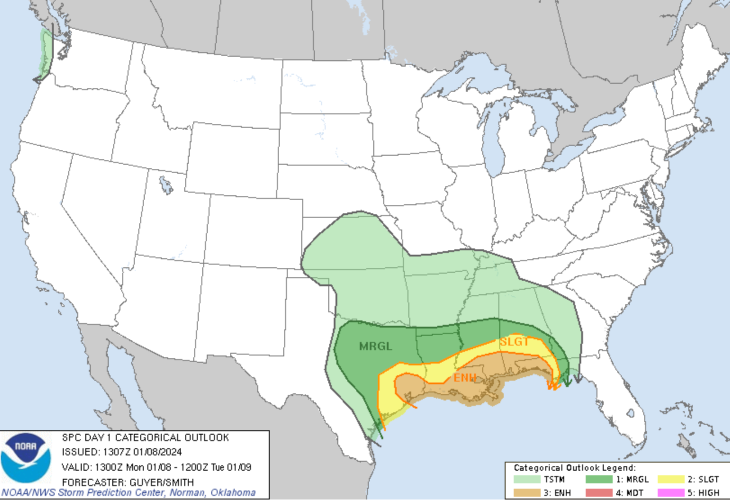 The National Weather Service issued thunderstorm warnings to much of the Gulf Coast on Monday