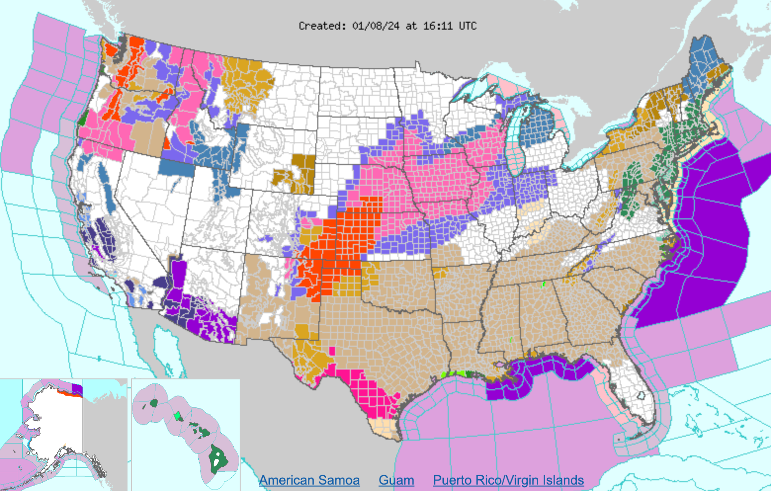 The beige color — depicted across the southern US on this map provided by the National Weather Service — indicates counties under a wind advisory