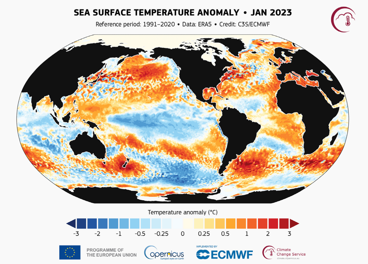 Monthly ocean temperatures in 2023 relative to the 1991– 2020 reference period for corresponding months