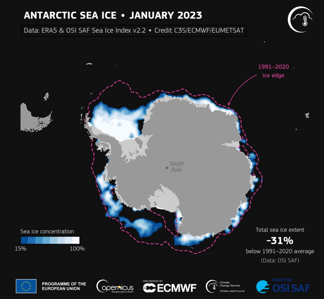 Monthly mean sea ice concentrations around Antarctica in 2023. The average sea ice edge for each month in the 1991–2020 reference period is shown by dashed magenta line