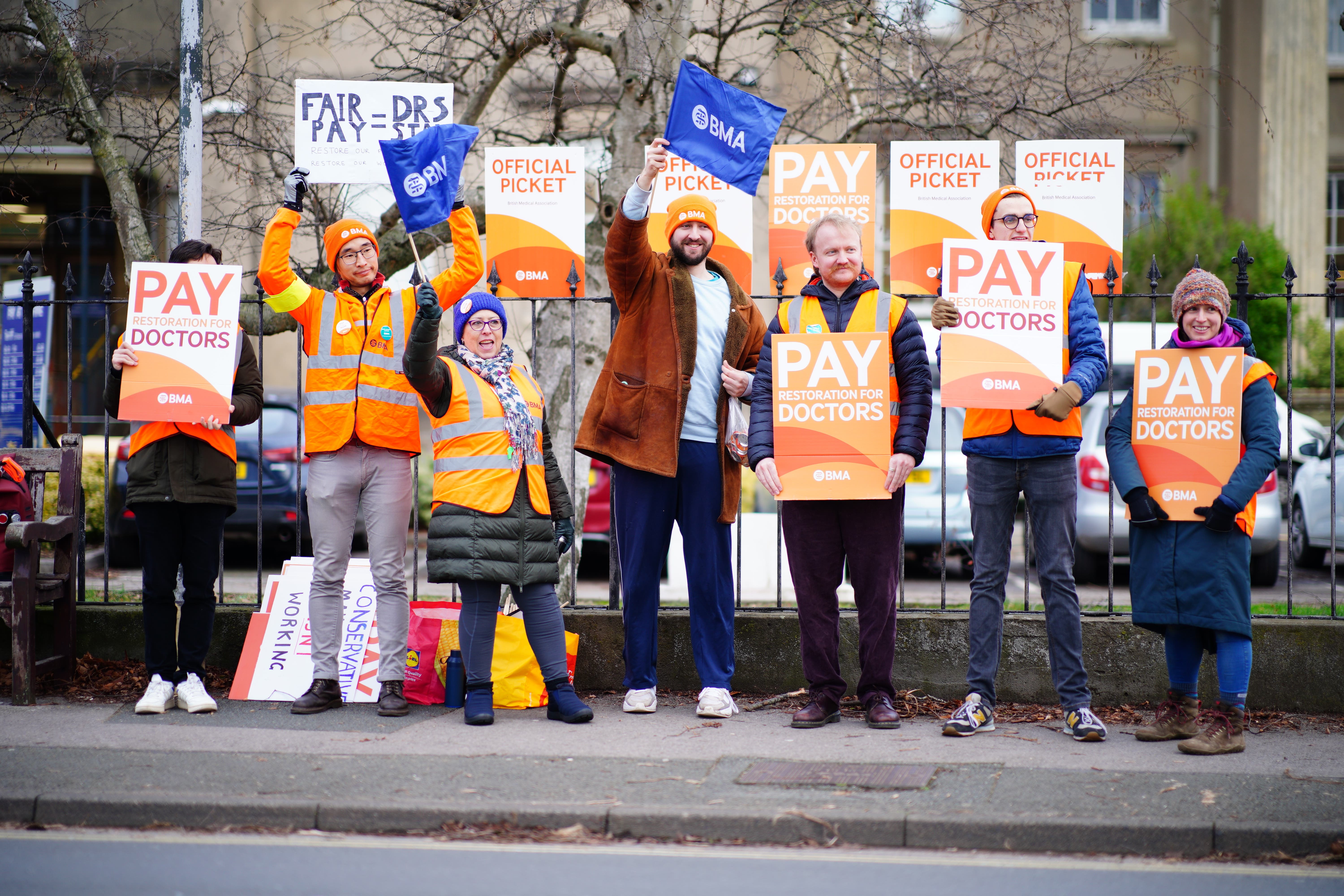 Junior doctors on the picket line outside Cheltenham General Hospital (Ben Birchall/PA)