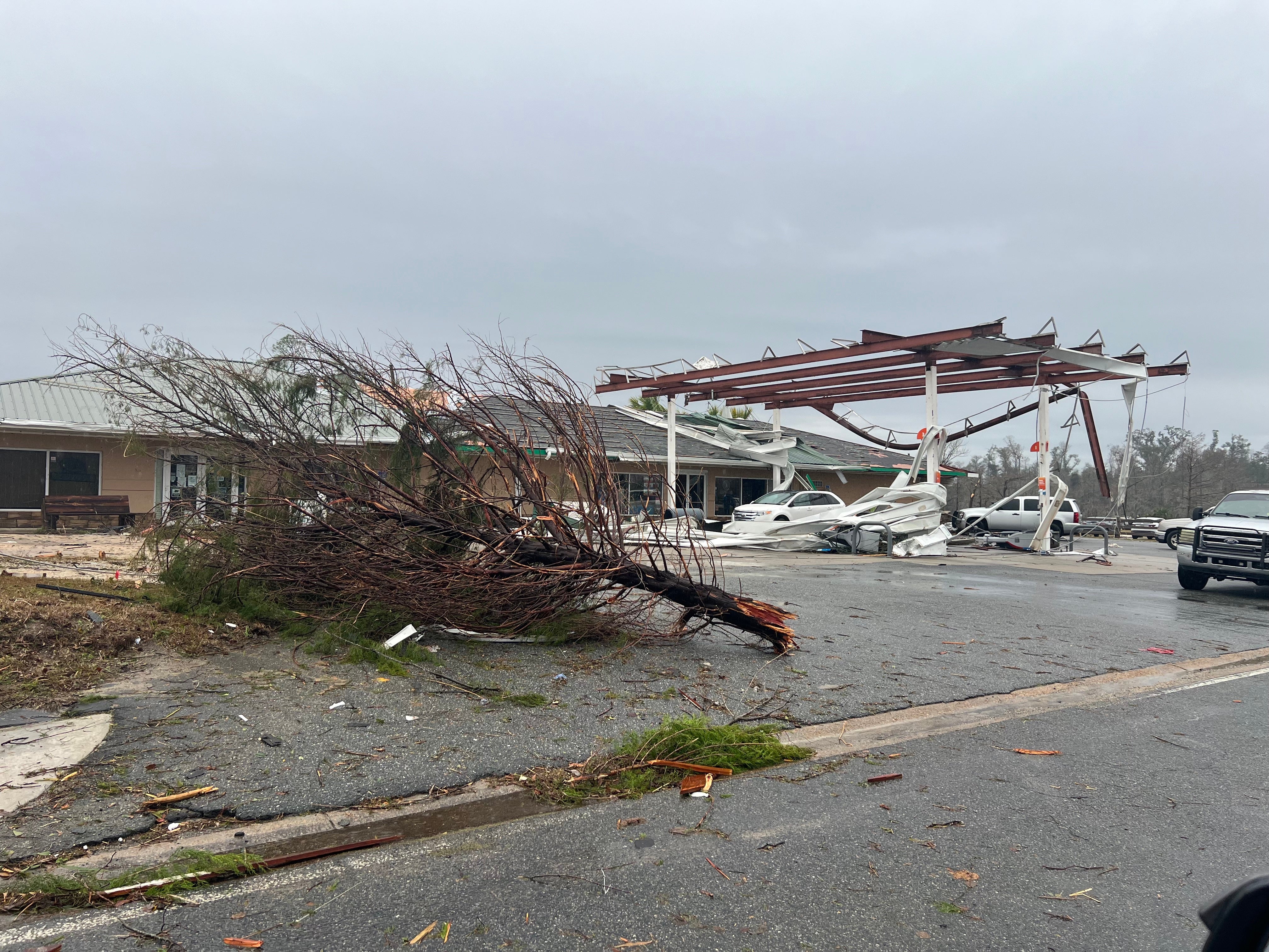 An uprooted tree and debris pictured in Jackson County, Florida on 9 January