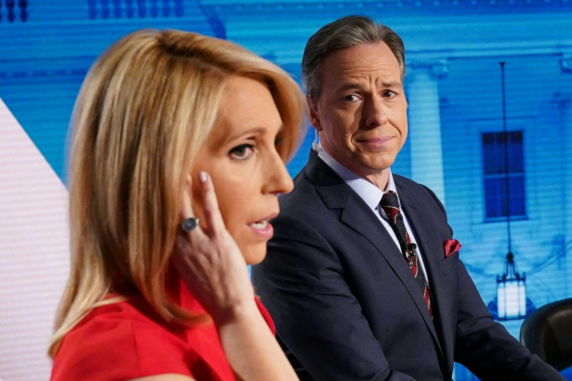 CNN’s Dana Bash and Jake Tapper in the studio before the start of the 11th Democratic Party 2020 presidential debate with former Vice-President Joe Biden and Vermont Senator Bernie Sanders in a CNN Washington Bureau studio in Washington, DC on March 15, 2020