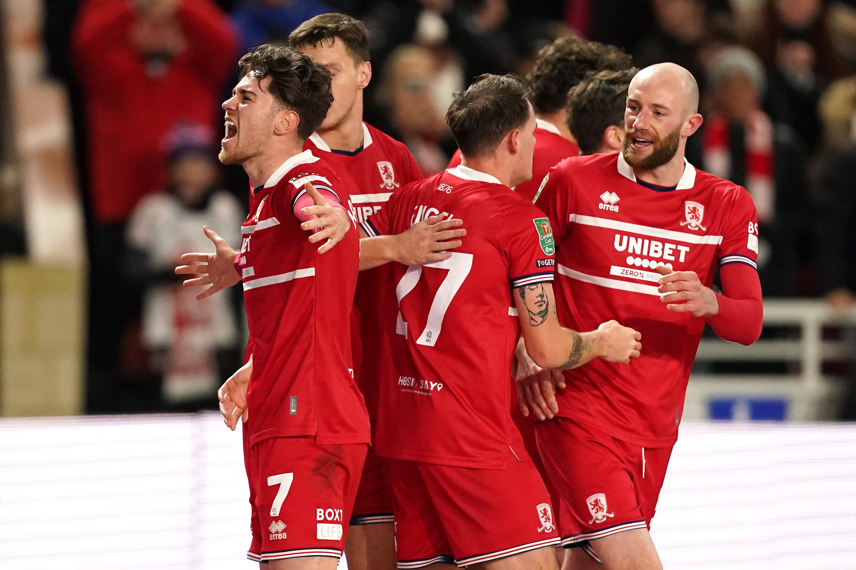 Middlesbrough’s Hayden Hackney, left, celebrates scoring his side’s winner