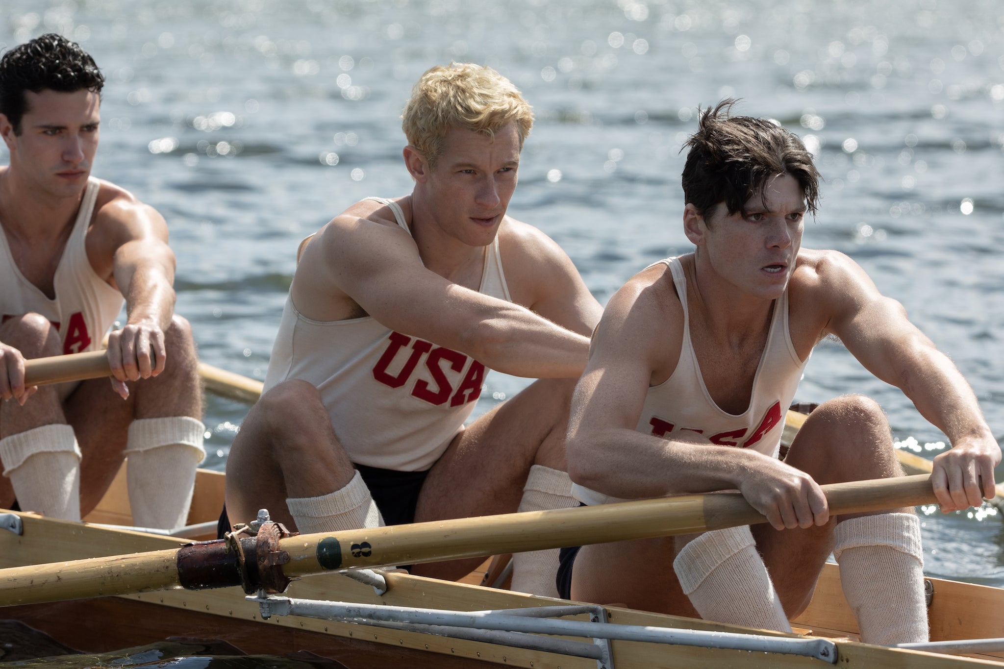 Turner as Joe Rantz in ‘The Boys in the Boat’, the story of the US Olympic rowing team who won gold in Berlin in 1936