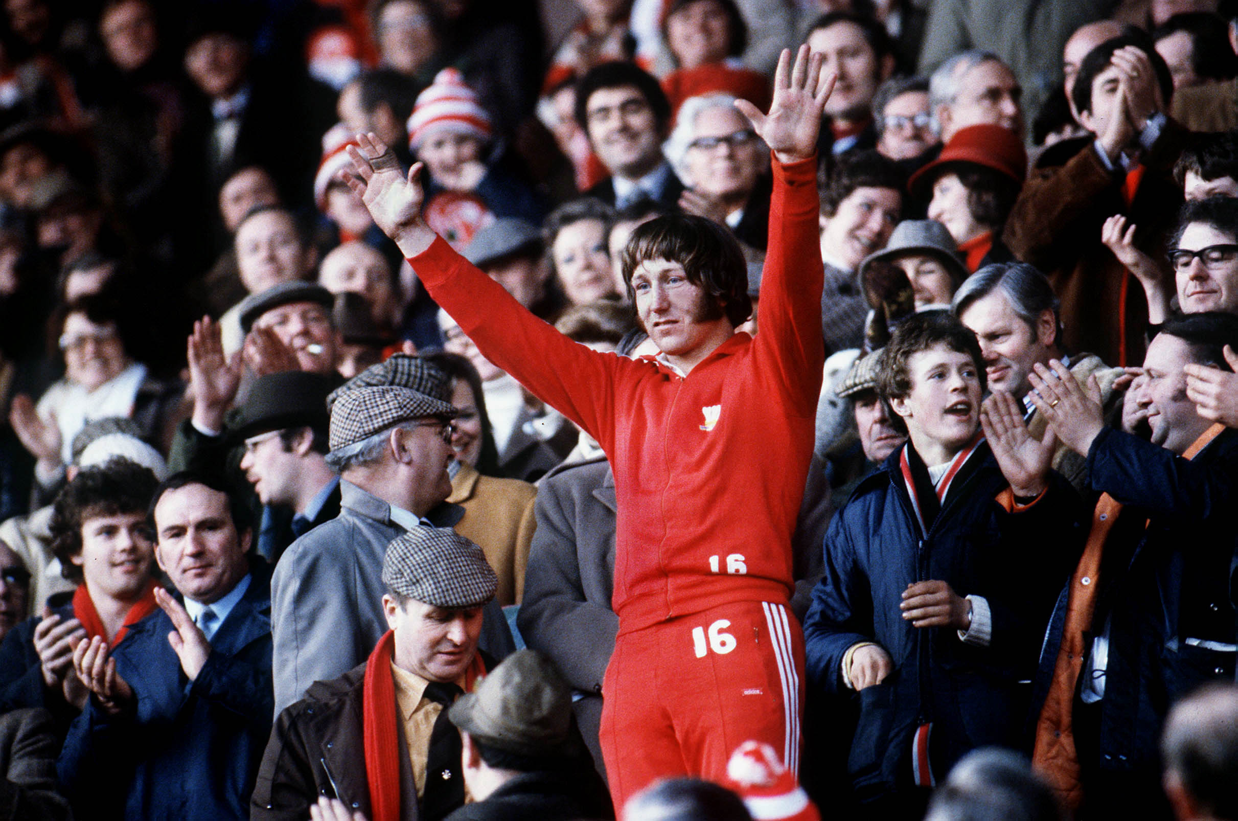 JPR Williams after playing his last international game, salutes fans from the stands of Cardiff Arms Park, 1979. The final score was Wales 27 England 3