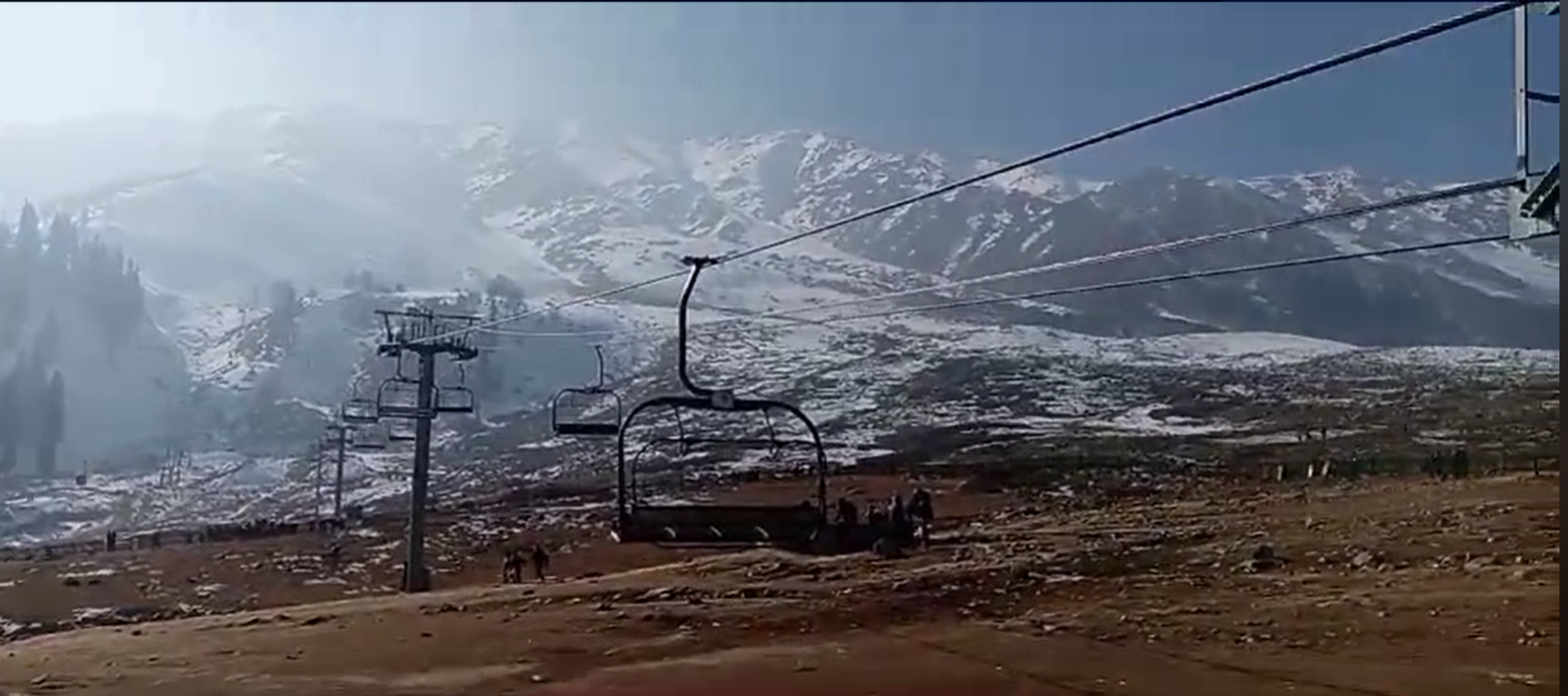 The Gulmarg chairlift, one of the highest in the world, on a barren snow-free land in January. It is a popular tourist attraction during winter when the land is usually covered in snow