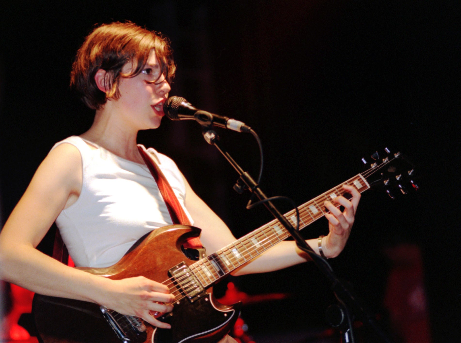 Brownstein performing on stage at the University of London Union in central London