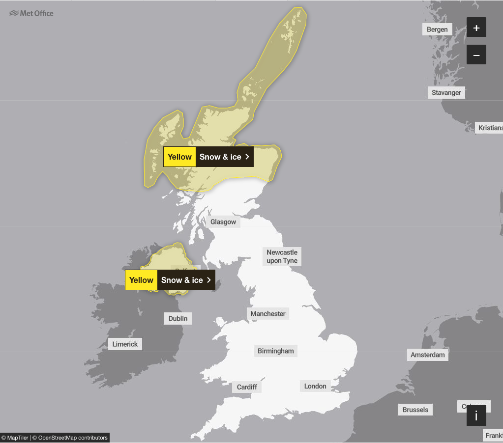 Monday’s weather warnings cover Scotland and Northern Ireland but it will be cold across the UK