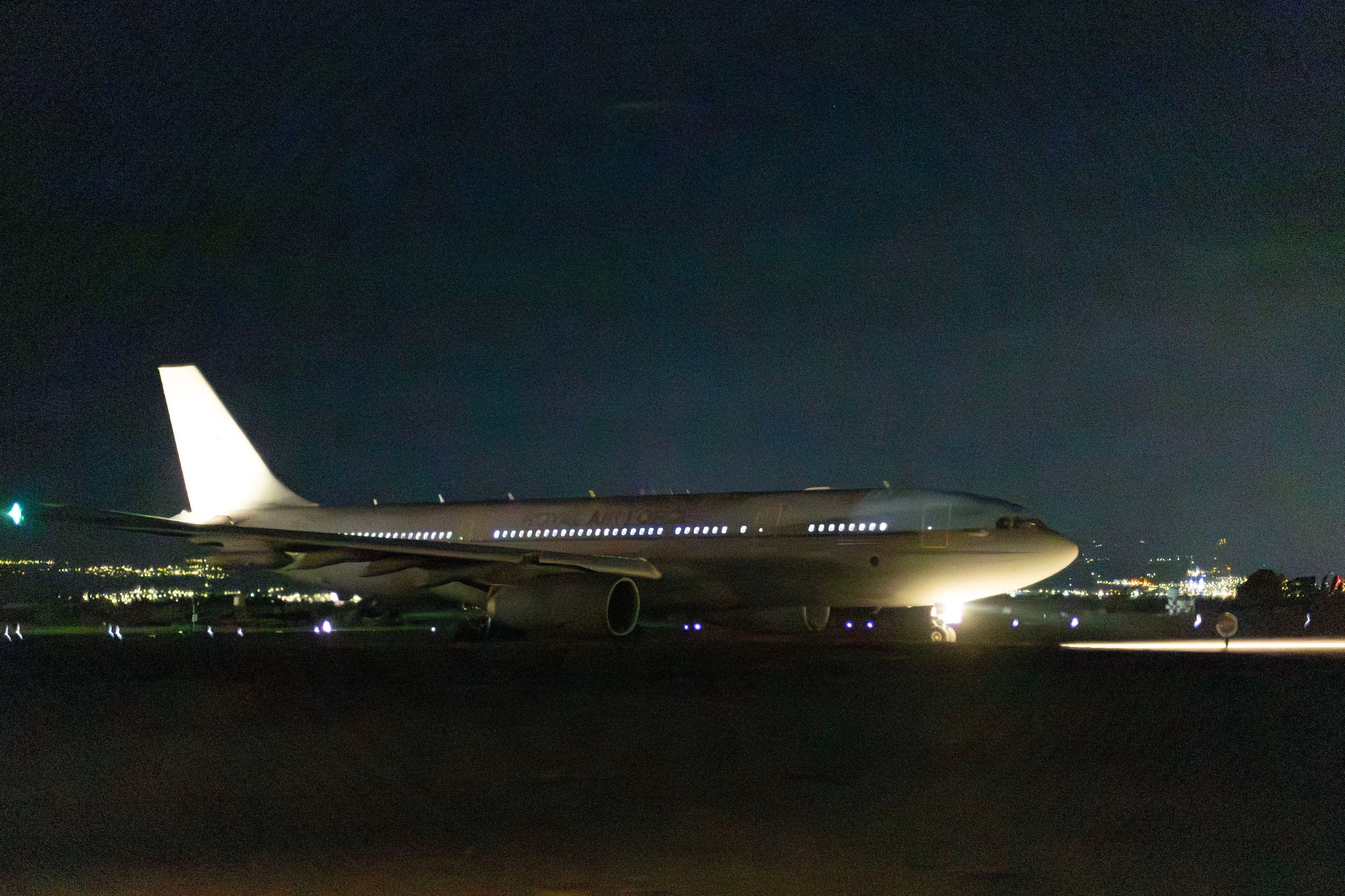 An RAF Voyager aircraft taking off from RAF Akrotiri in Cyprus to conduct airstrikes on military targets in Yemen