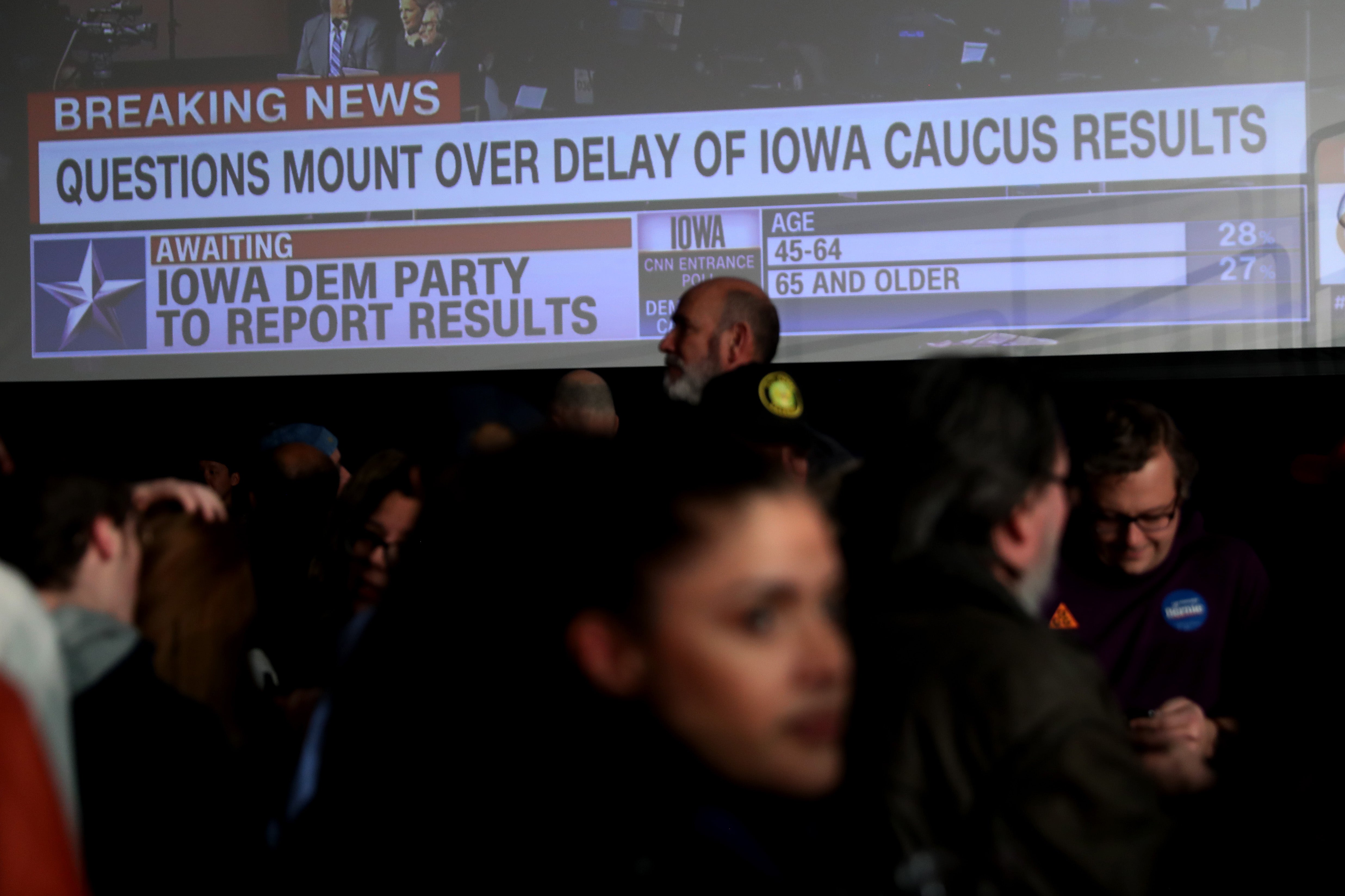 Supporters of democratic presidential candidate Sen. Bernie Sanders (I-VT) wait for results to come in at his caucus night watch party on February 03, 2020 in Des Moines, Iowa