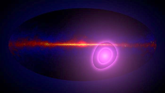 THIS ARTIST’S CONCEPT SHOWS THE ENTIRE SKY IN GAMMA RAYS WITH MAGENTA CIRCLES ILLUSTRATING THE UNCERTAINTY IN THE DIRECTION FROM WHICH MORE HIGH-ENERGY GAMMA RAYS THAN AVERAGE SEEM TO BE ARRIVING