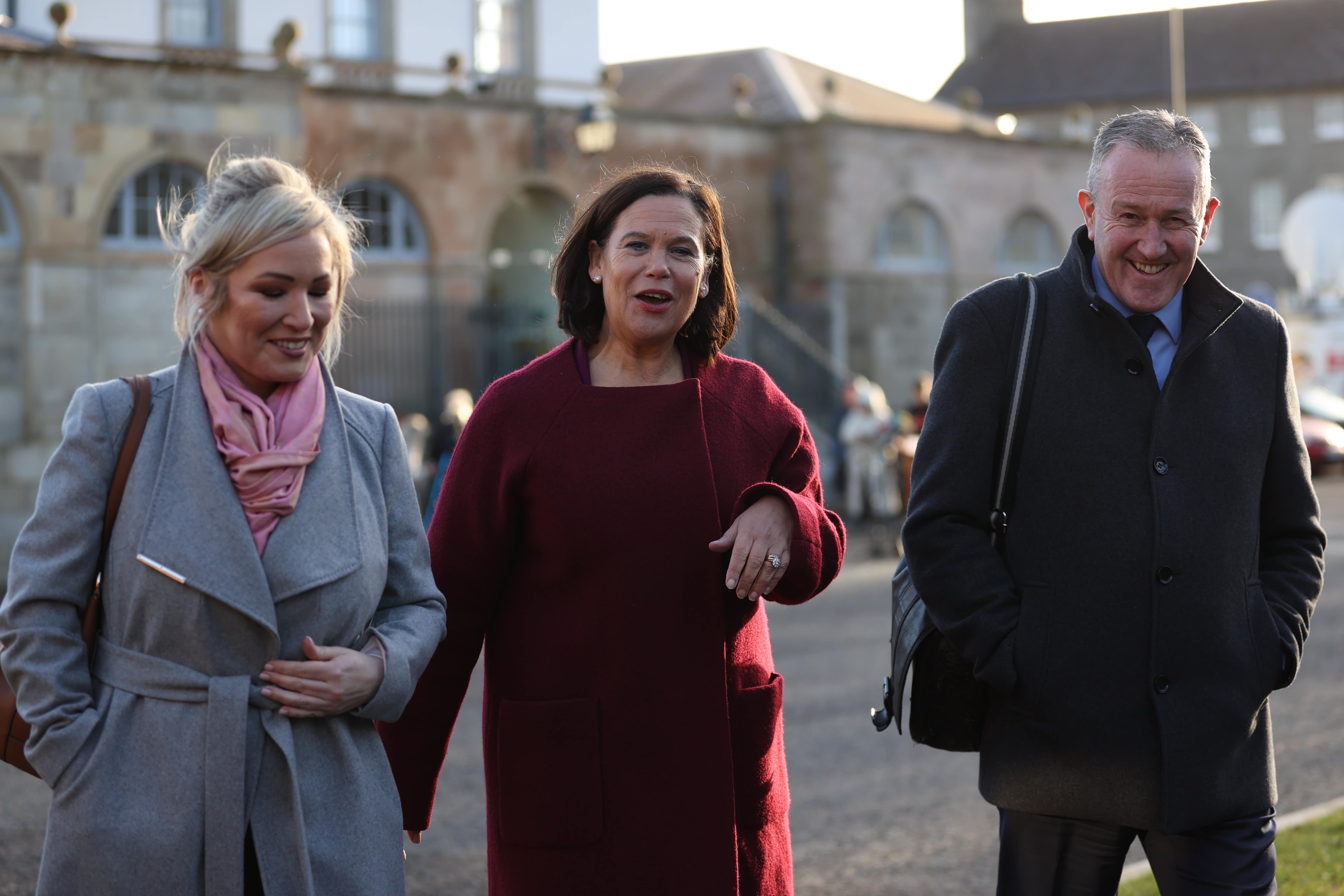 Sinn Fein representatives (left to right) vice-president Michelle O’Neill, president Mary Lou McDonald and MLA Conor Murphy (PA)