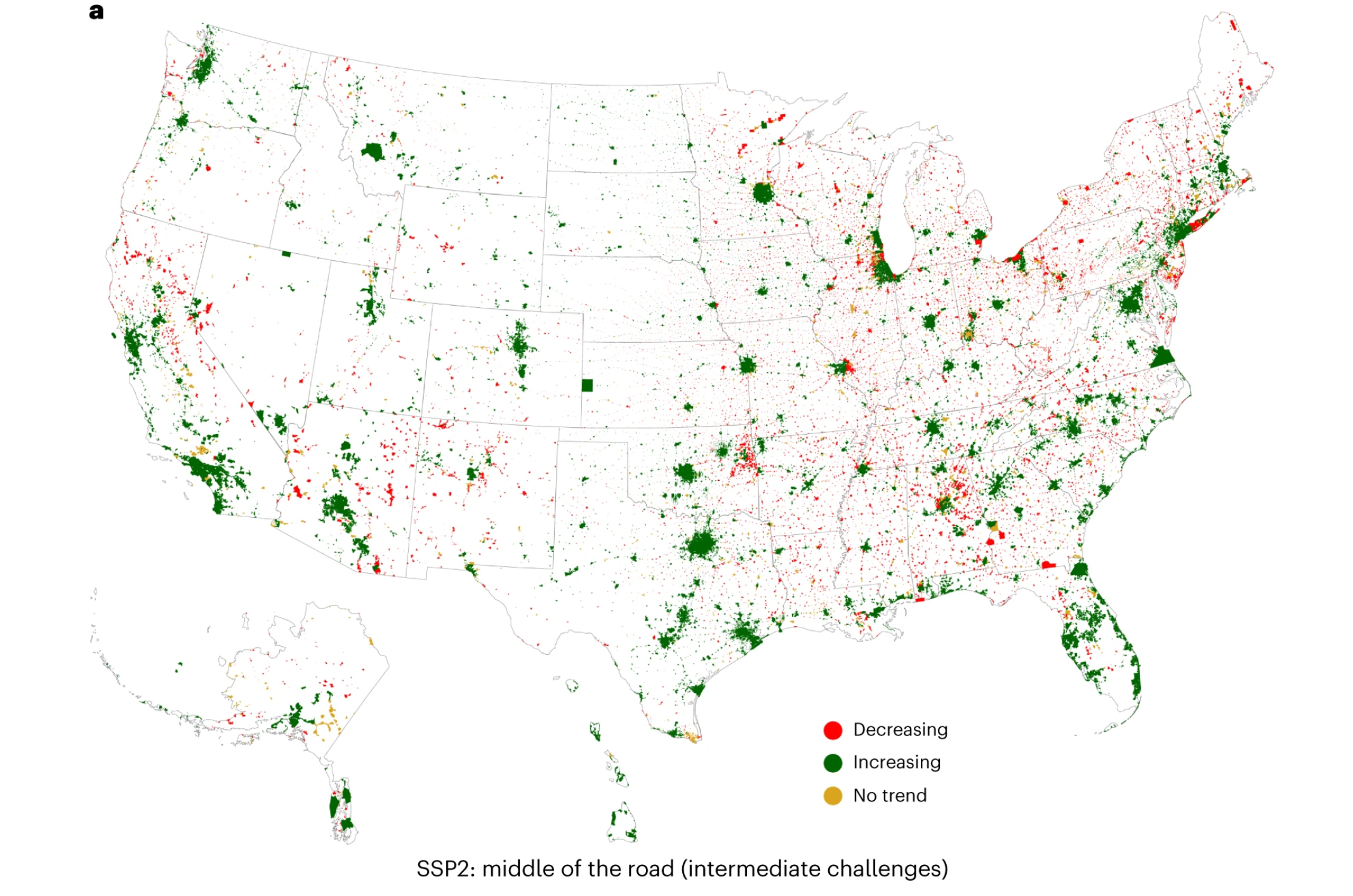 The future of US cities using population projection from years 2020–2100