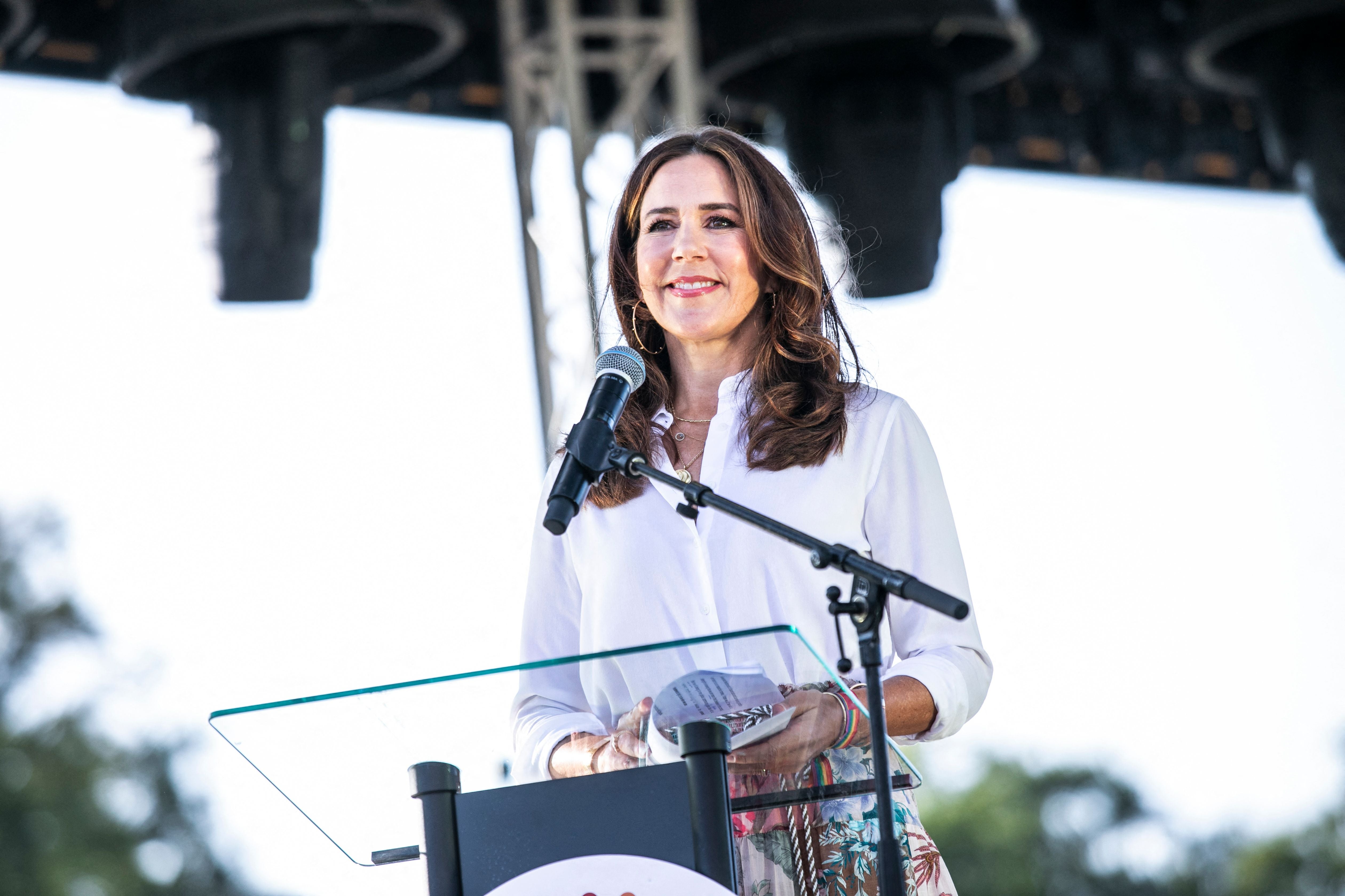 Crown Princess Mary of Denmark delivers speech during WorldPride parade in Copenhagen, Denmark, on 21 August 2021