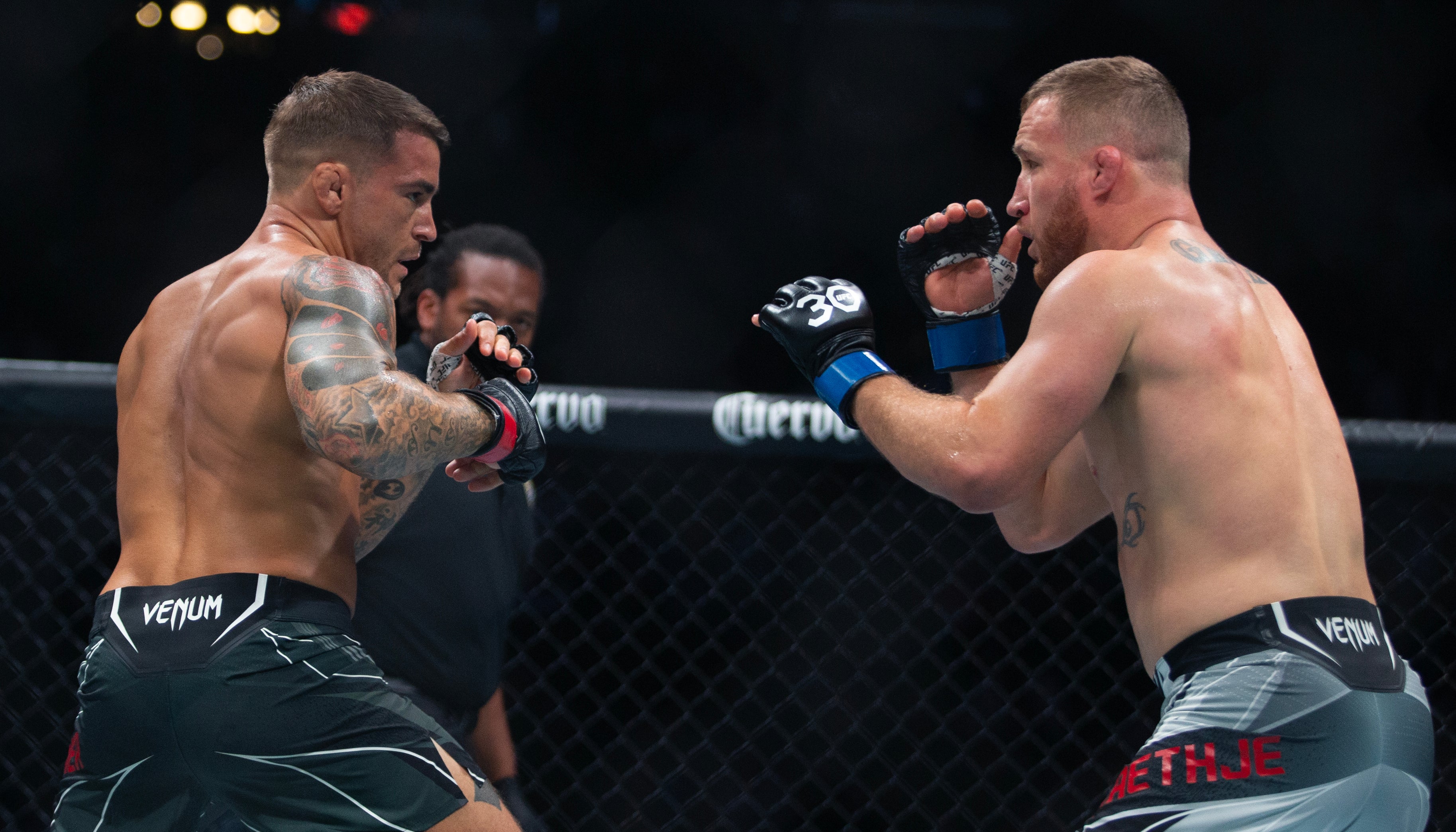 Saint-Denis’ upcoming opponent Dustin Poirier (left) in action against Justin Gaethje in July