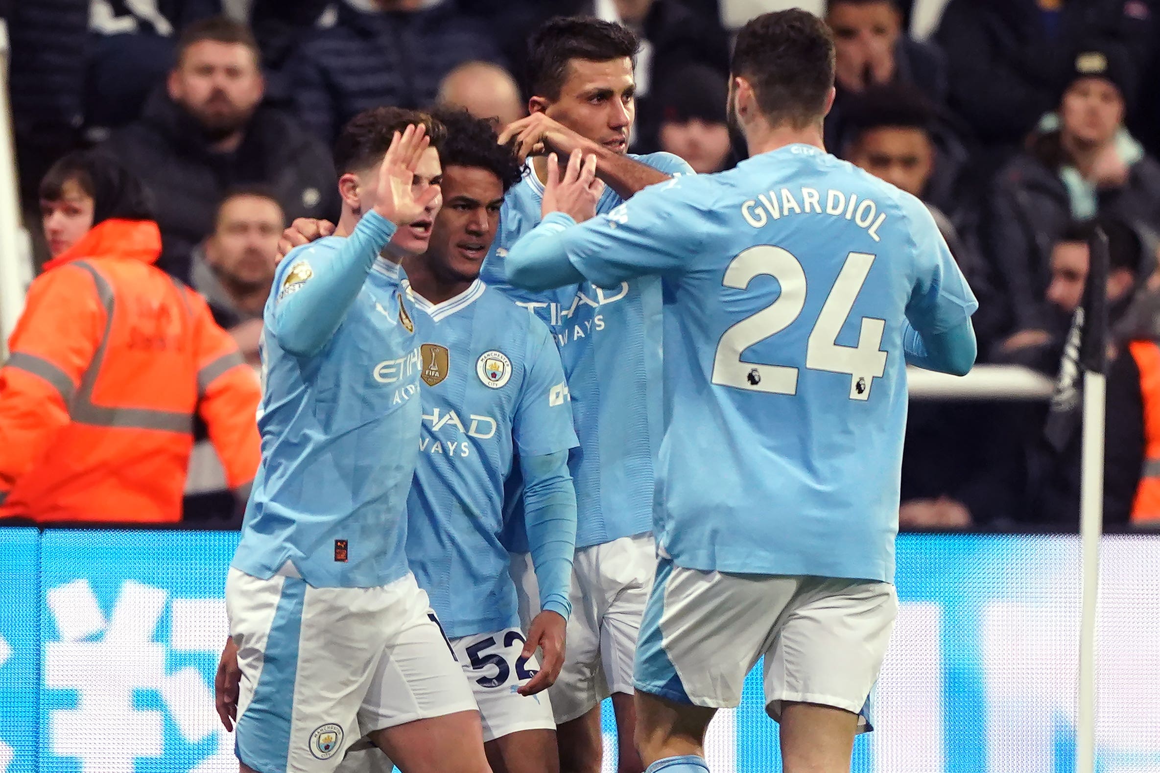 Oscar Bobb, second left, scored Manchester City’s late winner at Newcastle (Owen Humphreys/PA)