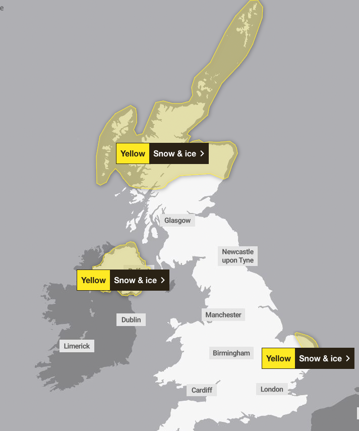 Snow will begin to fall over northern Scotland, Northern Ireland and eastern England on Monday