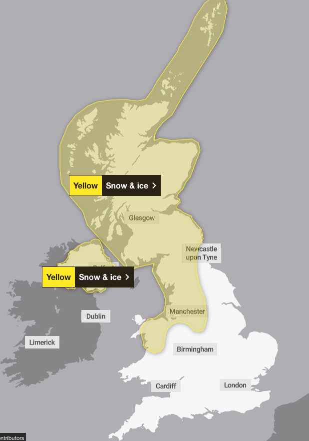 On Tuesday, snow will sweep inland to much of northern Wales, and England down to the Midlands