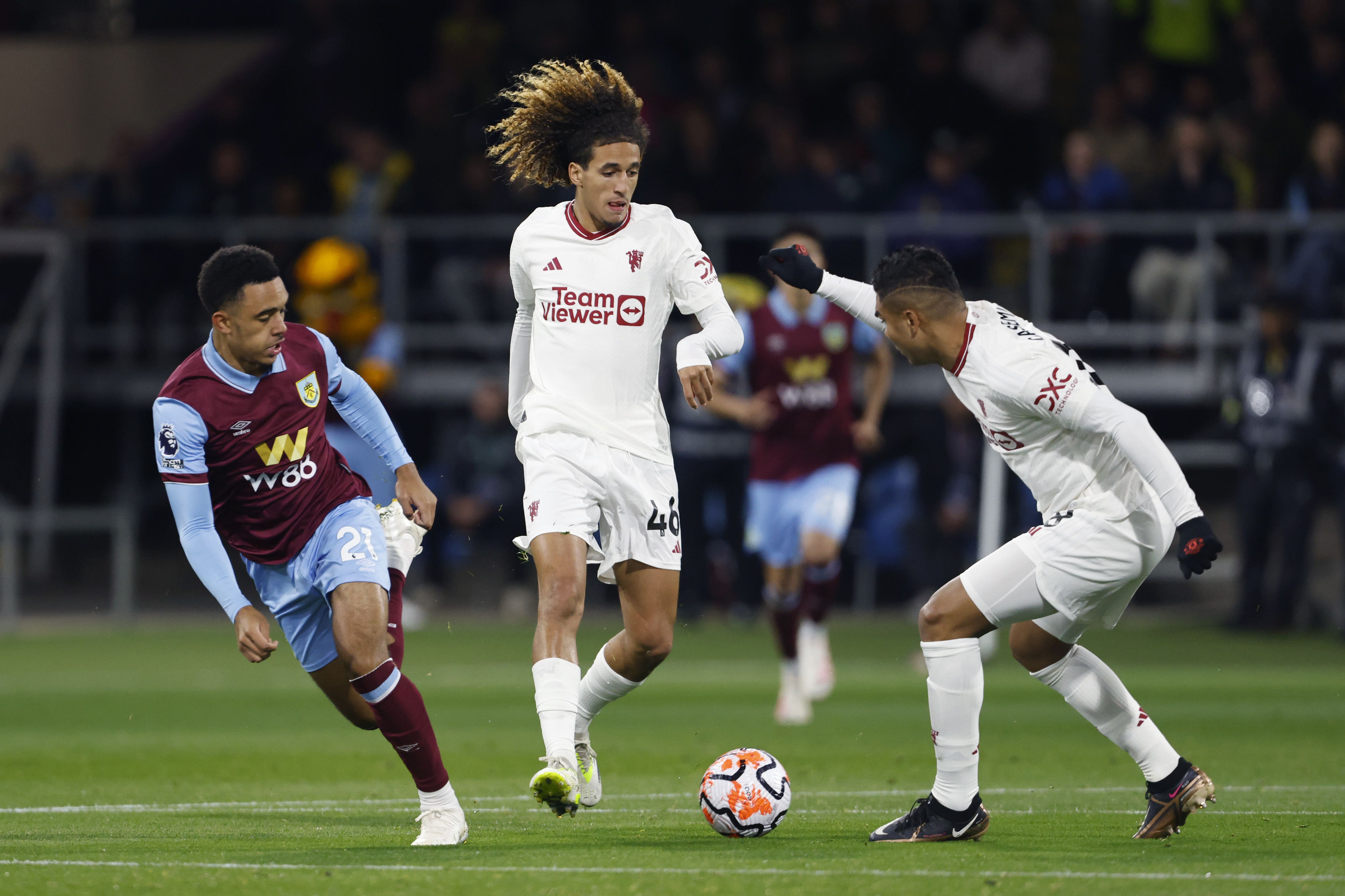 Manchester United’s Hannibal Mejbri (centre) has joined Sevilla on loan (Richard Sellers/PA)