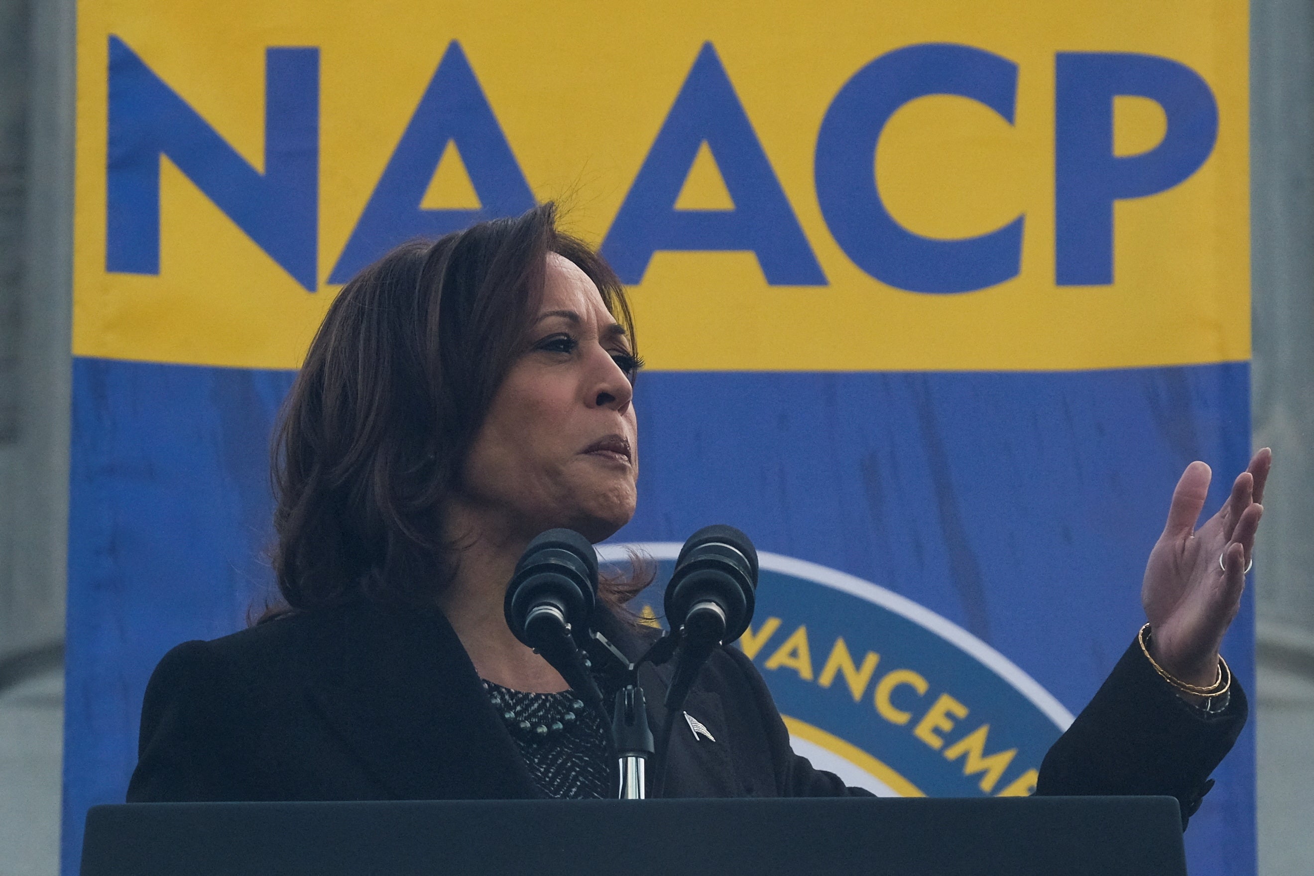 U.S. Vice President Kamala Harris gestures as she speaks outside the South Carolina State House in Columbia, South Carolina, U.S., January 15, 2024