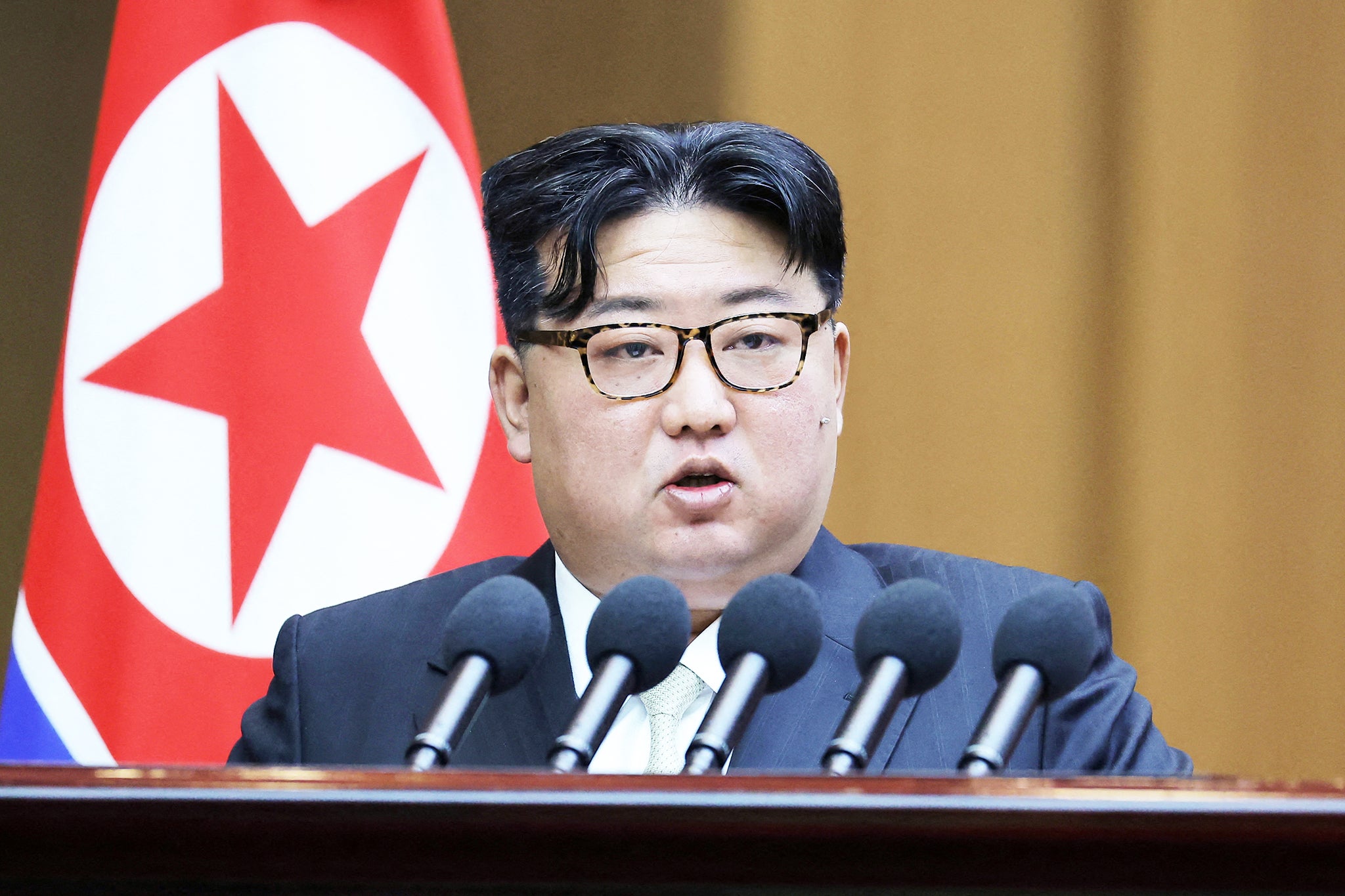 Kim speaks at the Supreme People’s Assembly of North Korea in Pyongyang on Monday