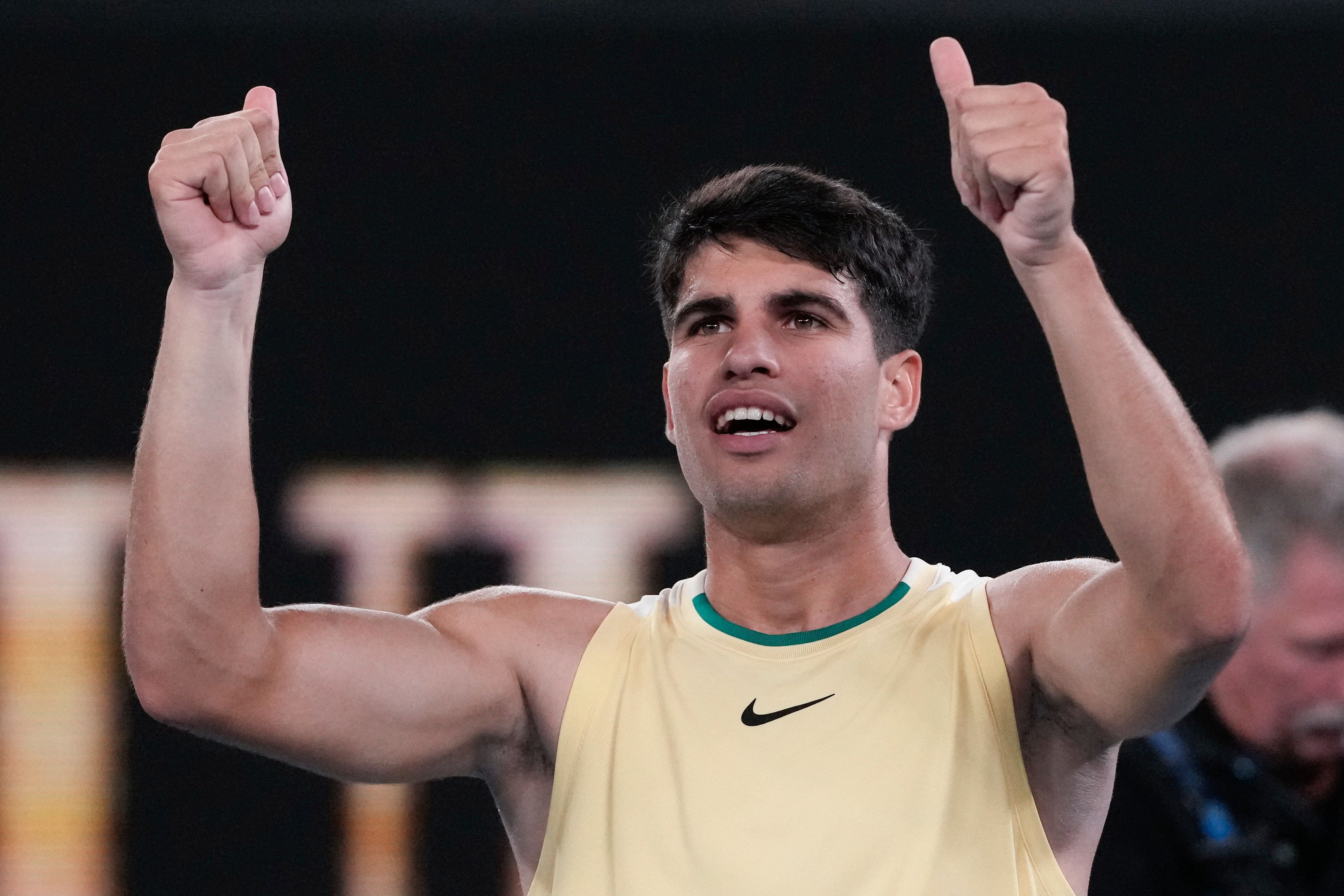 Carlos Alcaraz gives a thumbs up after beating Richard Gasquet (Andy Wong/AP)