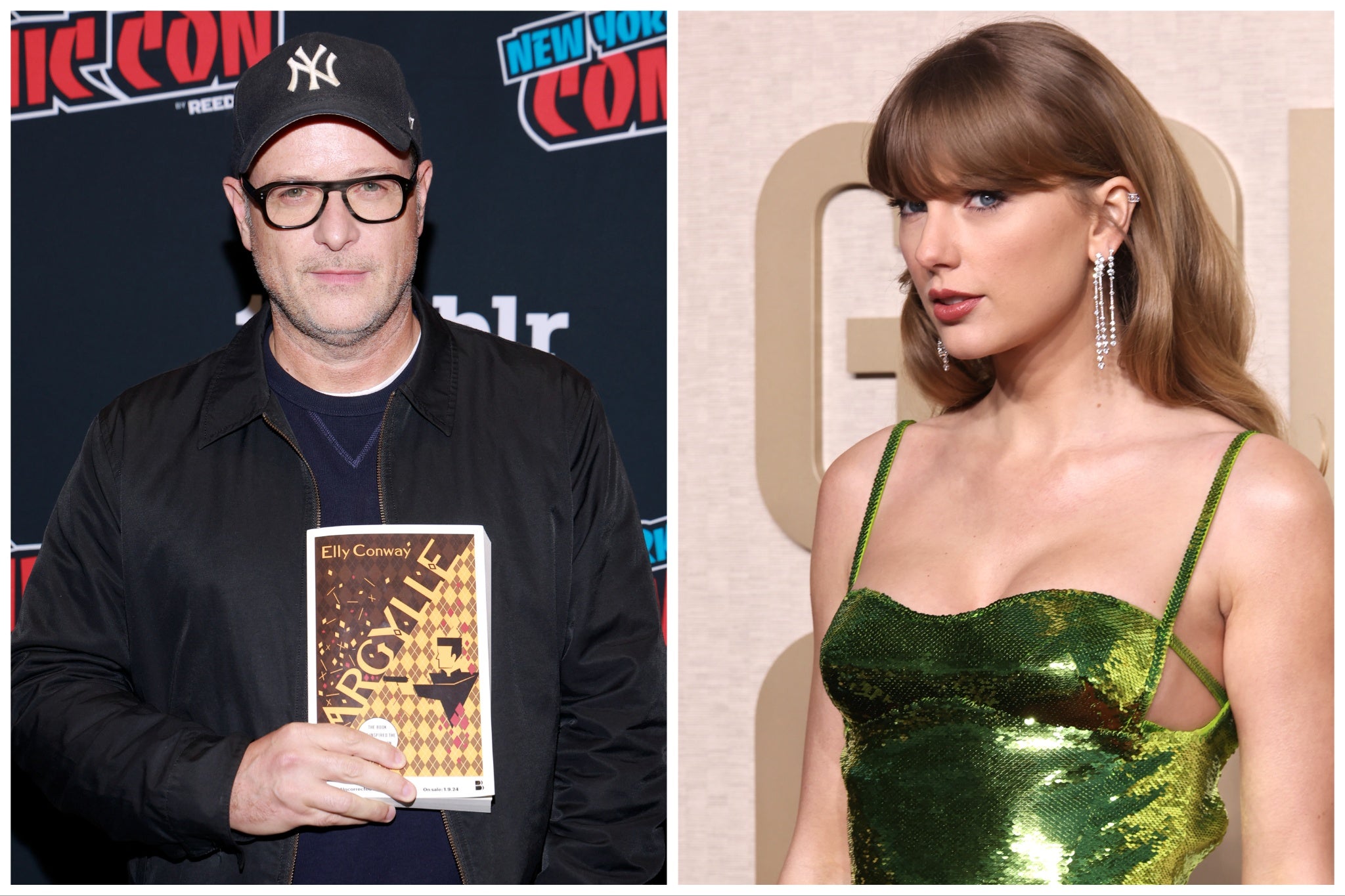 Matthew Vaughn with a copy of Elly Conway’s ‘Argylle’ (left) and Taylor Swift