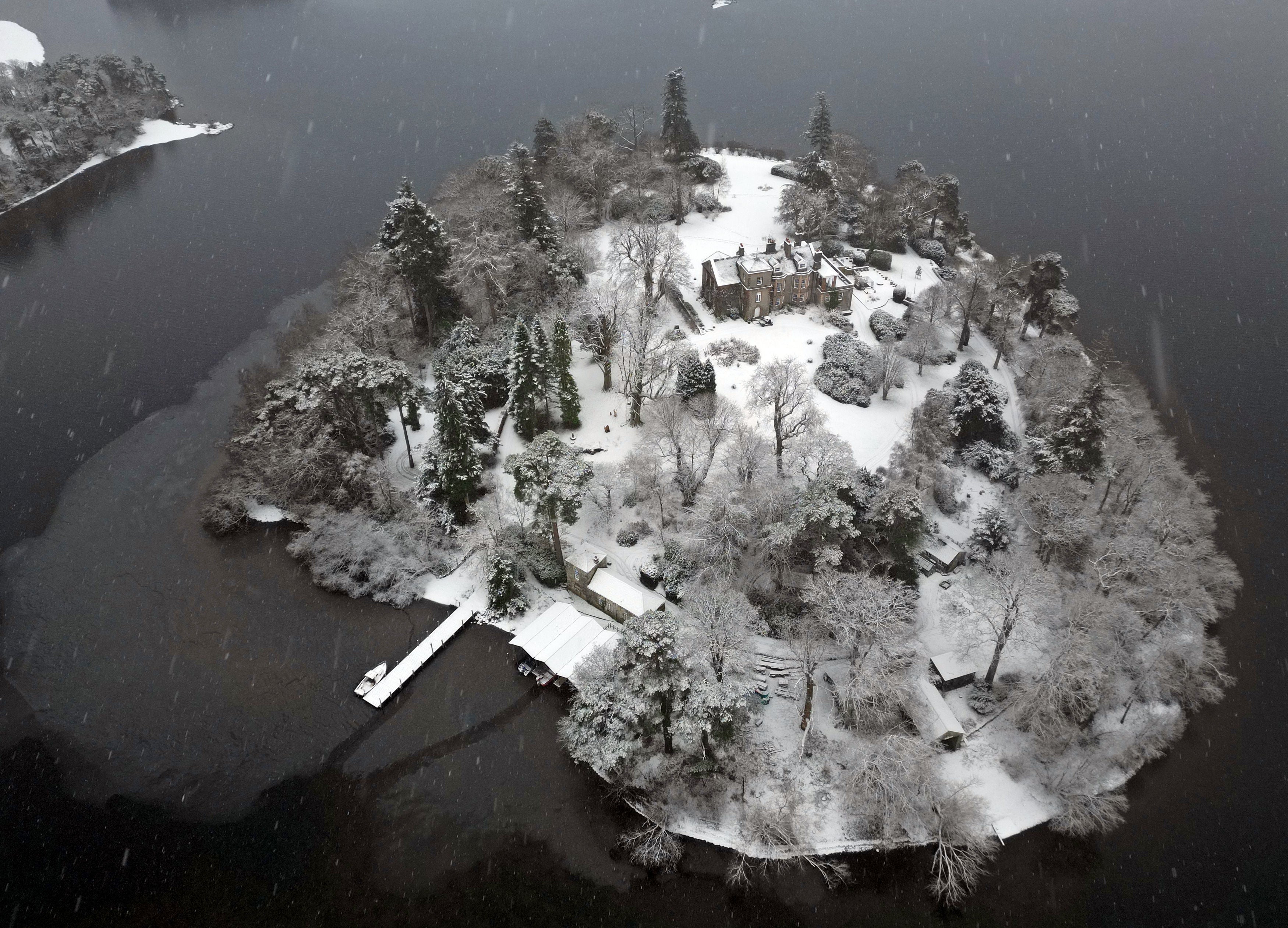 Snowy conditions on Derwent island on Derwent Water near Keswick, Cumbria