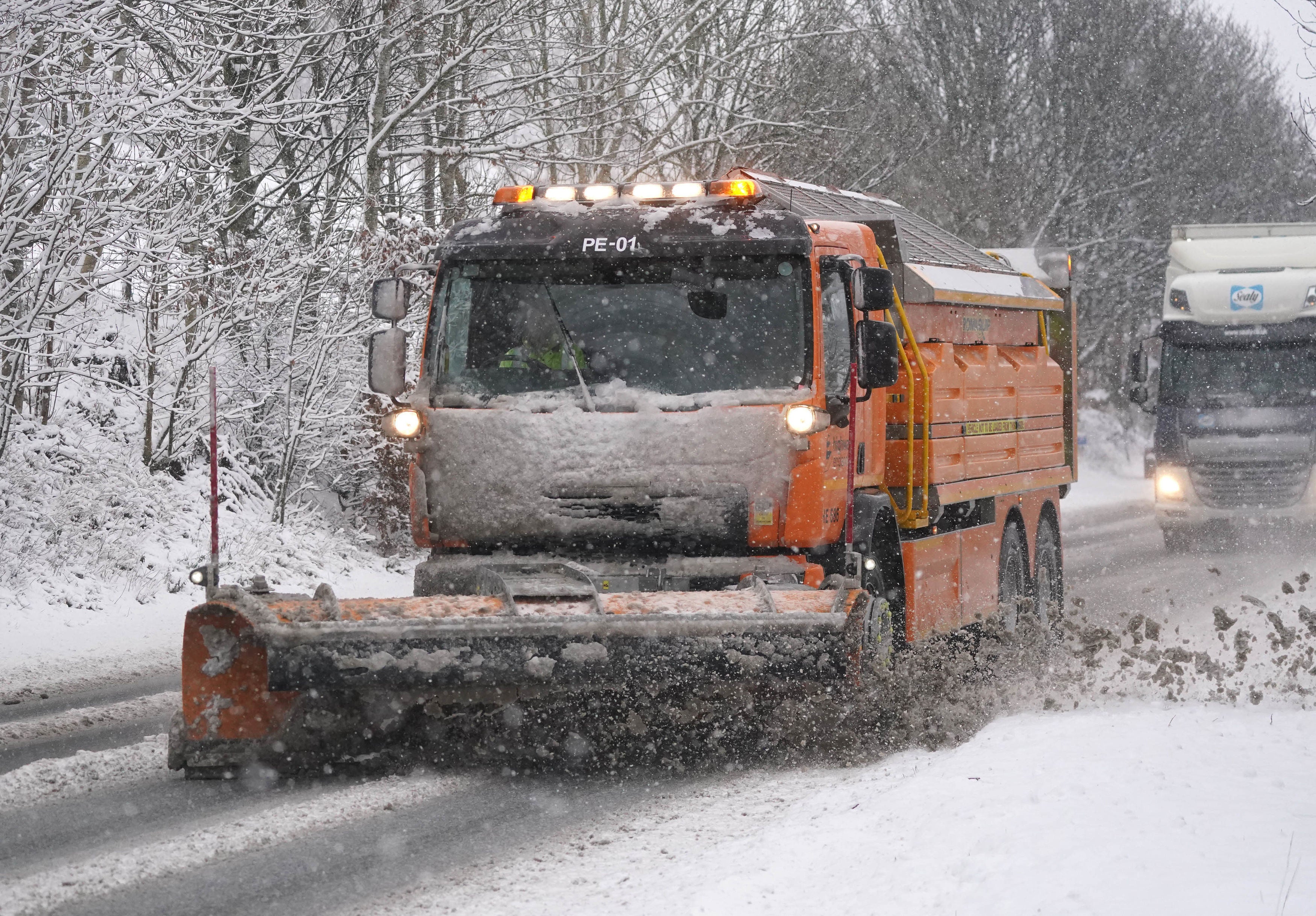 A snowplough on the A66 near Keswick in Cumbria