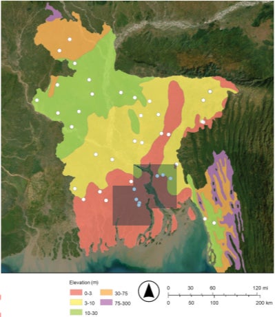 Map of Bangladesh showing locations from where the samples for well water were collected