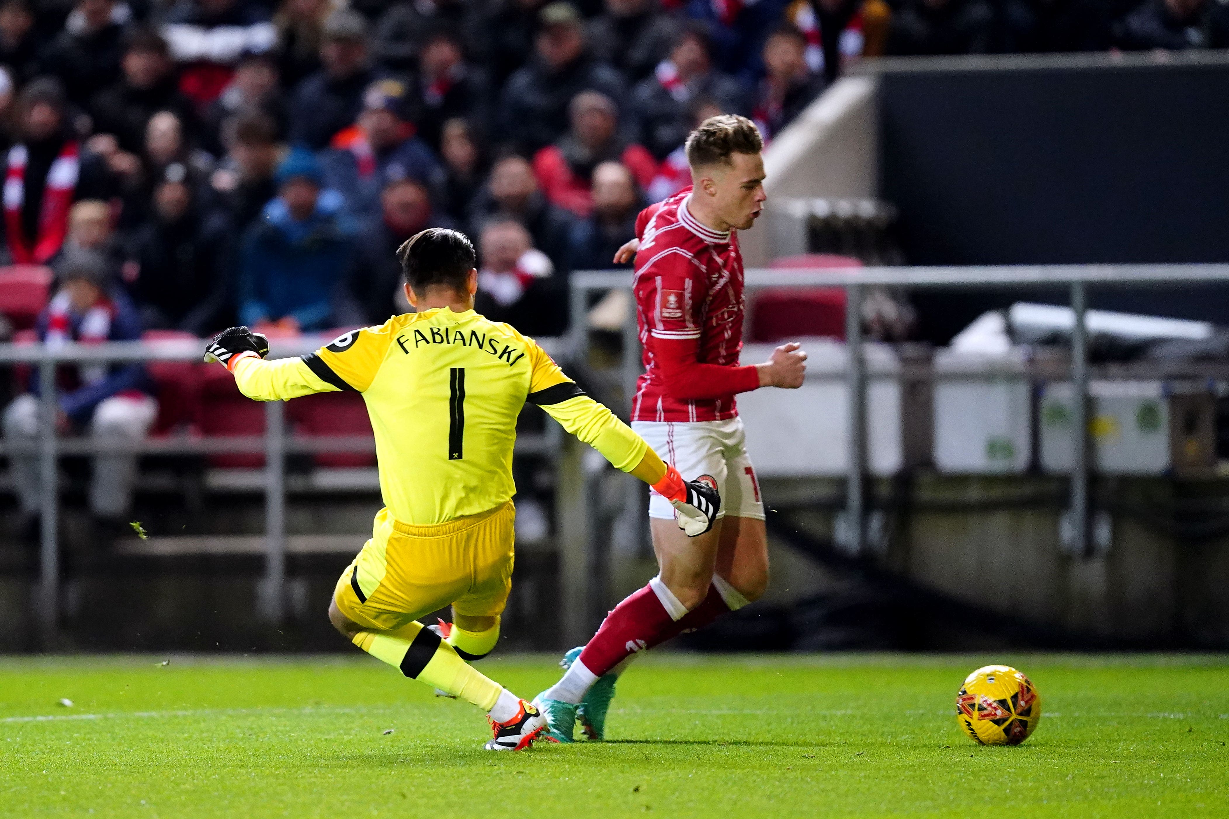 Bristol City’s Tommy Conway rounds West Ham goalkeeper Lukasz Fabianski after scoring his side’s FA Cup winner (David Davies/PA)