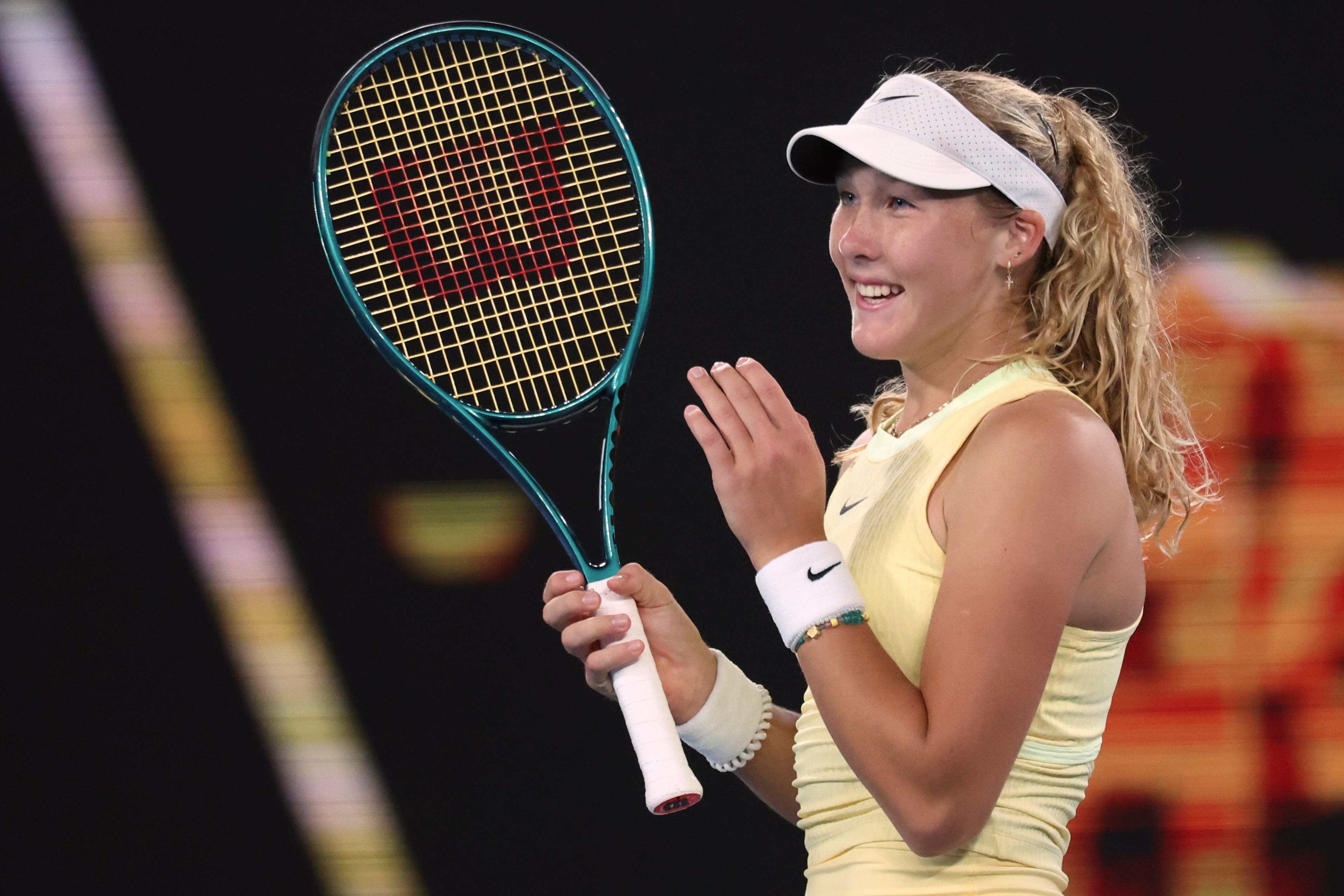 Mirra Andreeva looks delighted after beating Ons Jabeur (Asanka Brendon Ratnayake/AP)