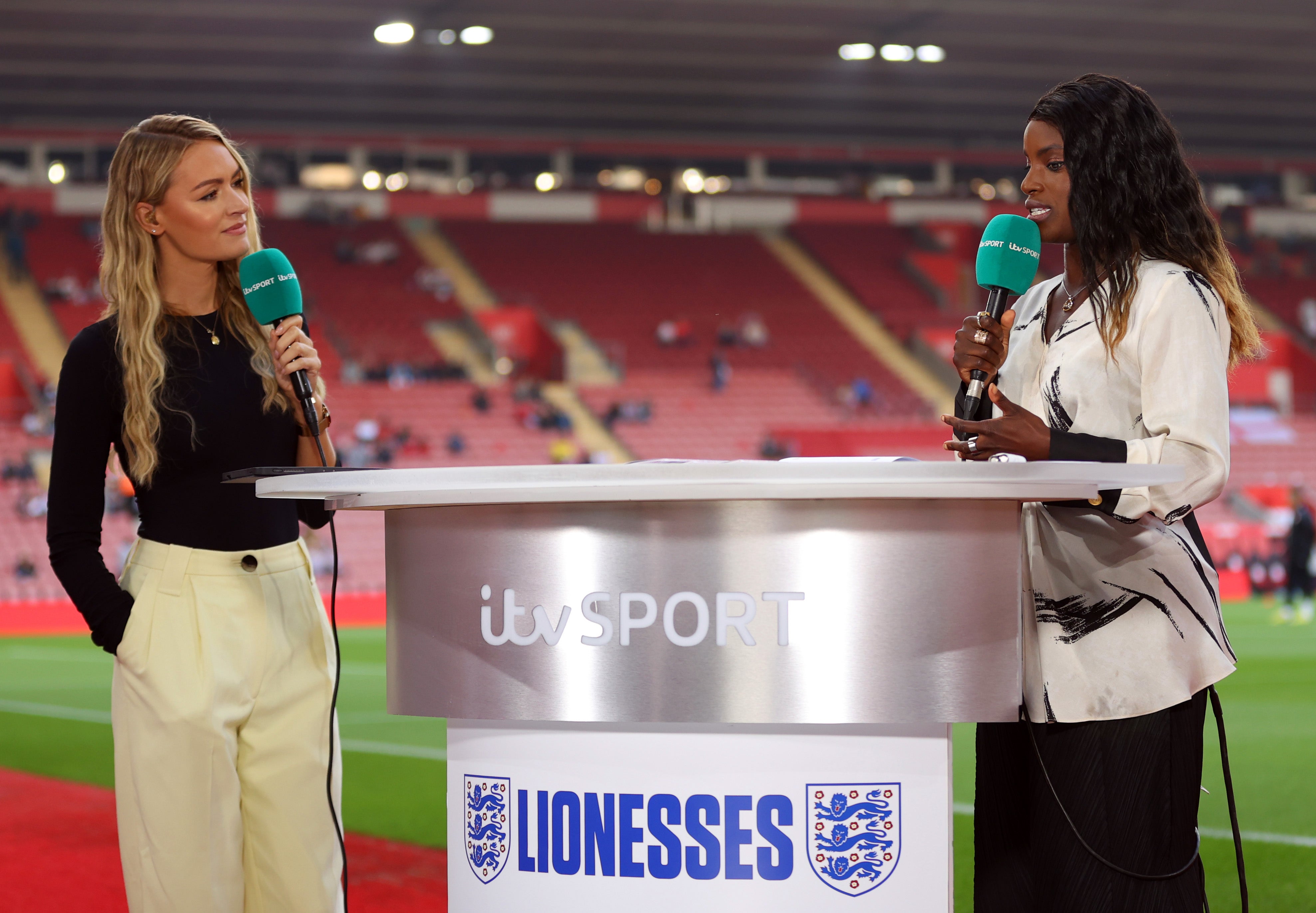 Laura Woods and Eni Aluko reporting for ITV before the Women's World Cup 2023 qualifier between England and North Macedonia at St Mary’s in Southampton, in September 2021