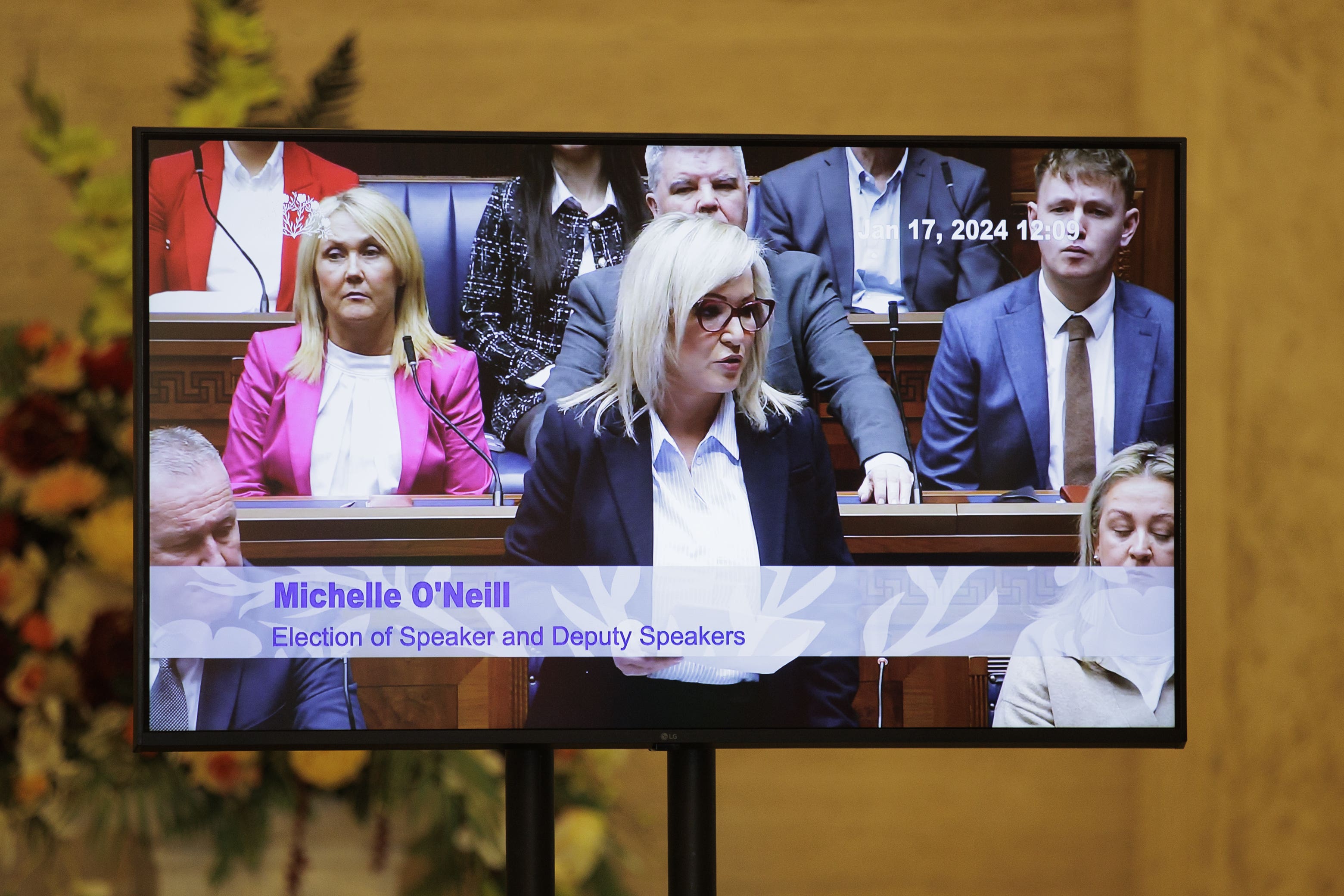 Sinn Fein vice president Michelle O’Neill speaking in the Northern Ireland Assembly chamber at Parliament Buildings at Stormont in a recall to nominate a speaker of the Northern Ireland Assembly (Liam McBurney/PA)