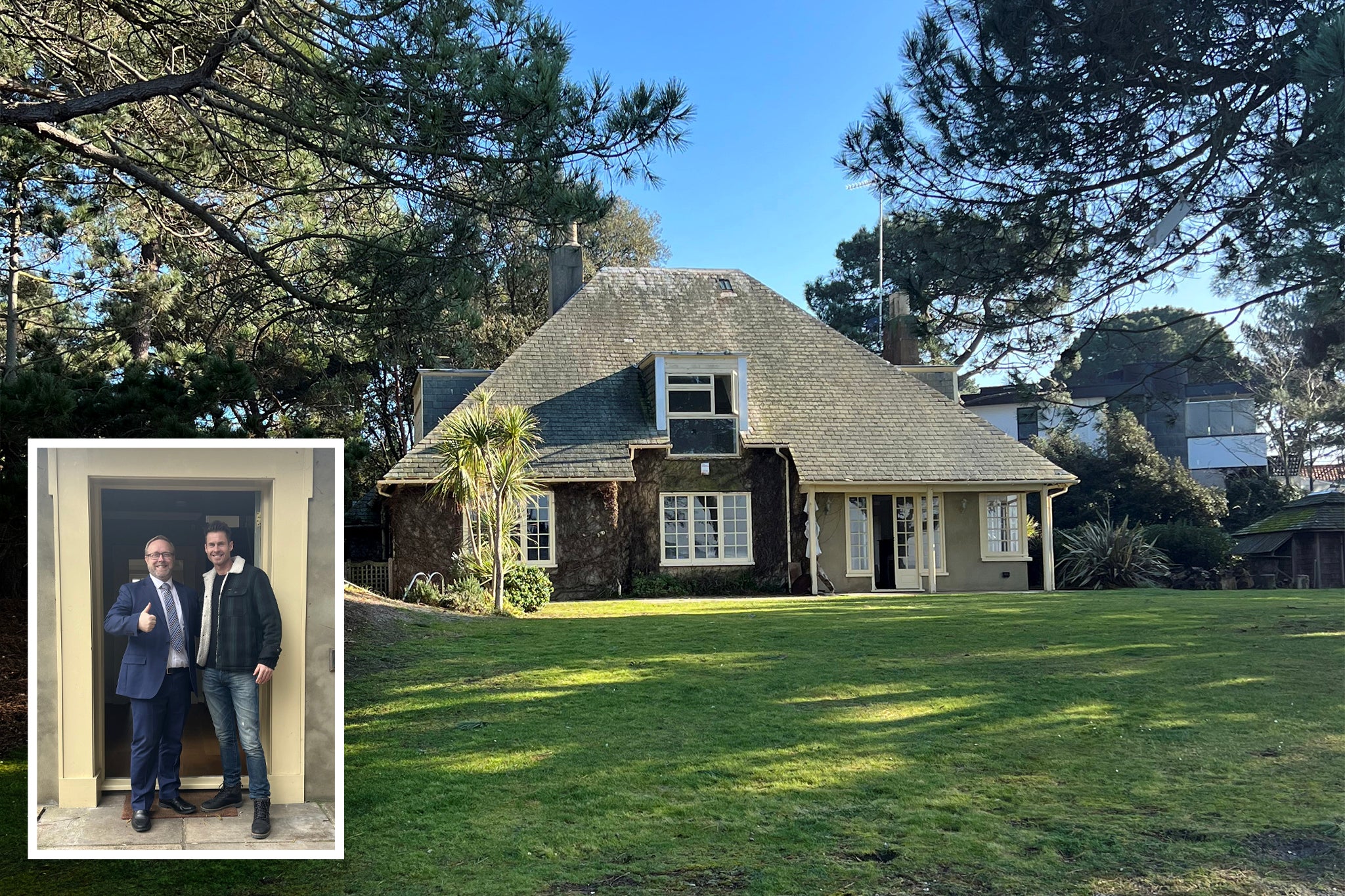 Tom Glanfield (right) and estate agent Robert Dunford and the Dorset cottage he bought for £13.5 million in the background