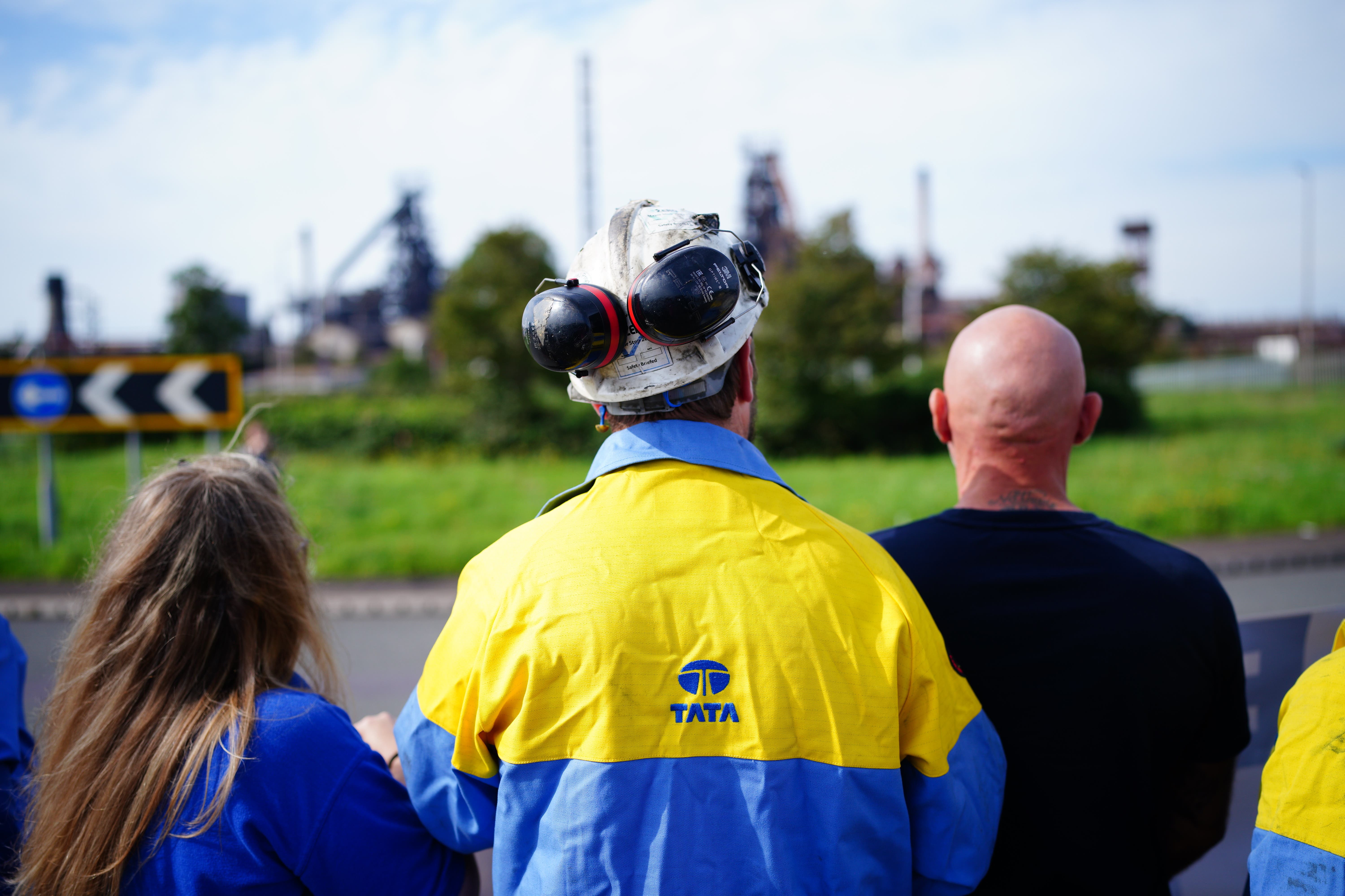 Workers outside Tata Steel’s Port Talbot steelworks (Ben Birchall/PA)