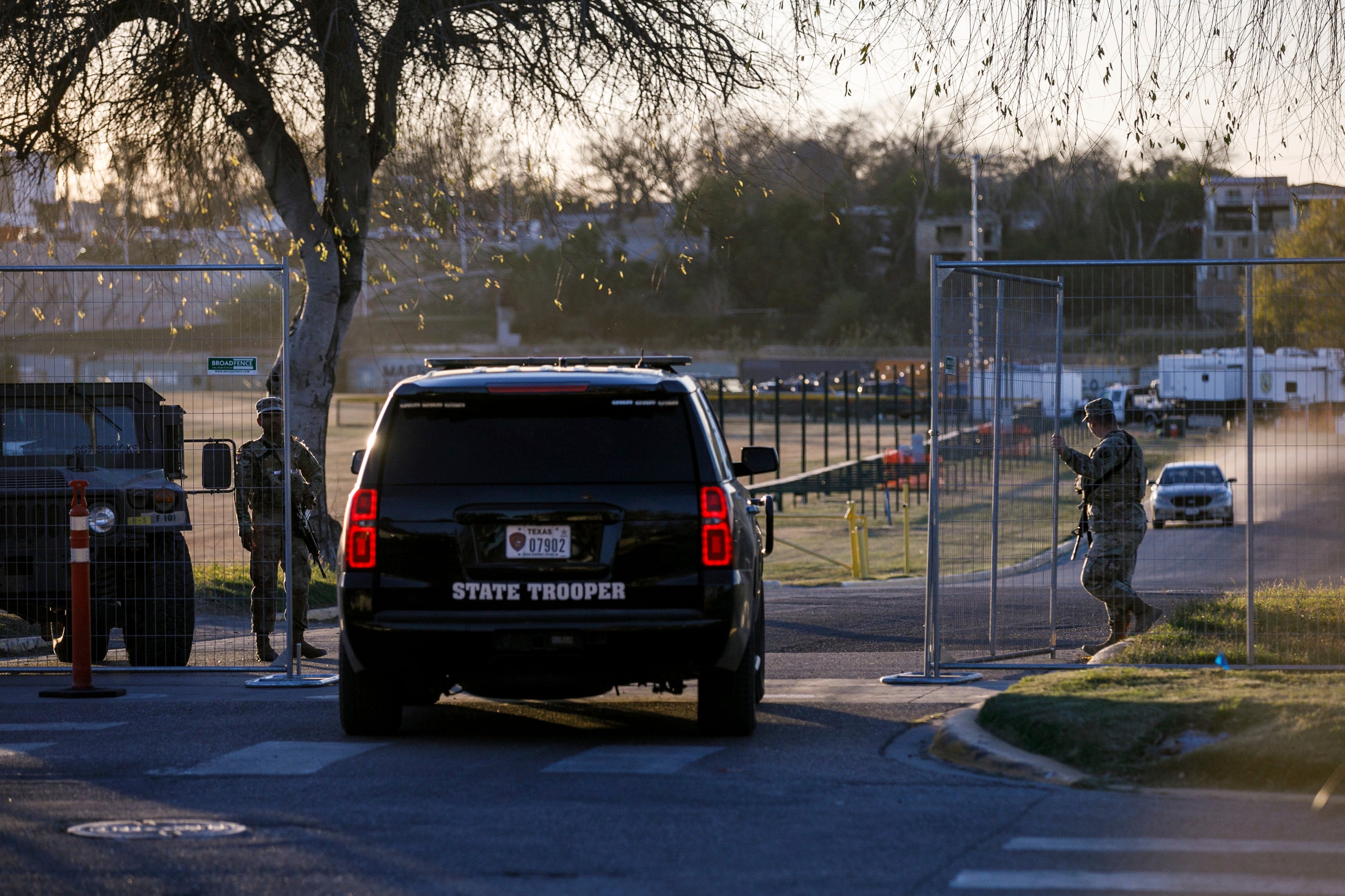 Texas Department of Public Safety officers guard an entrance to Shelby Park in Eagle Pass, Texas