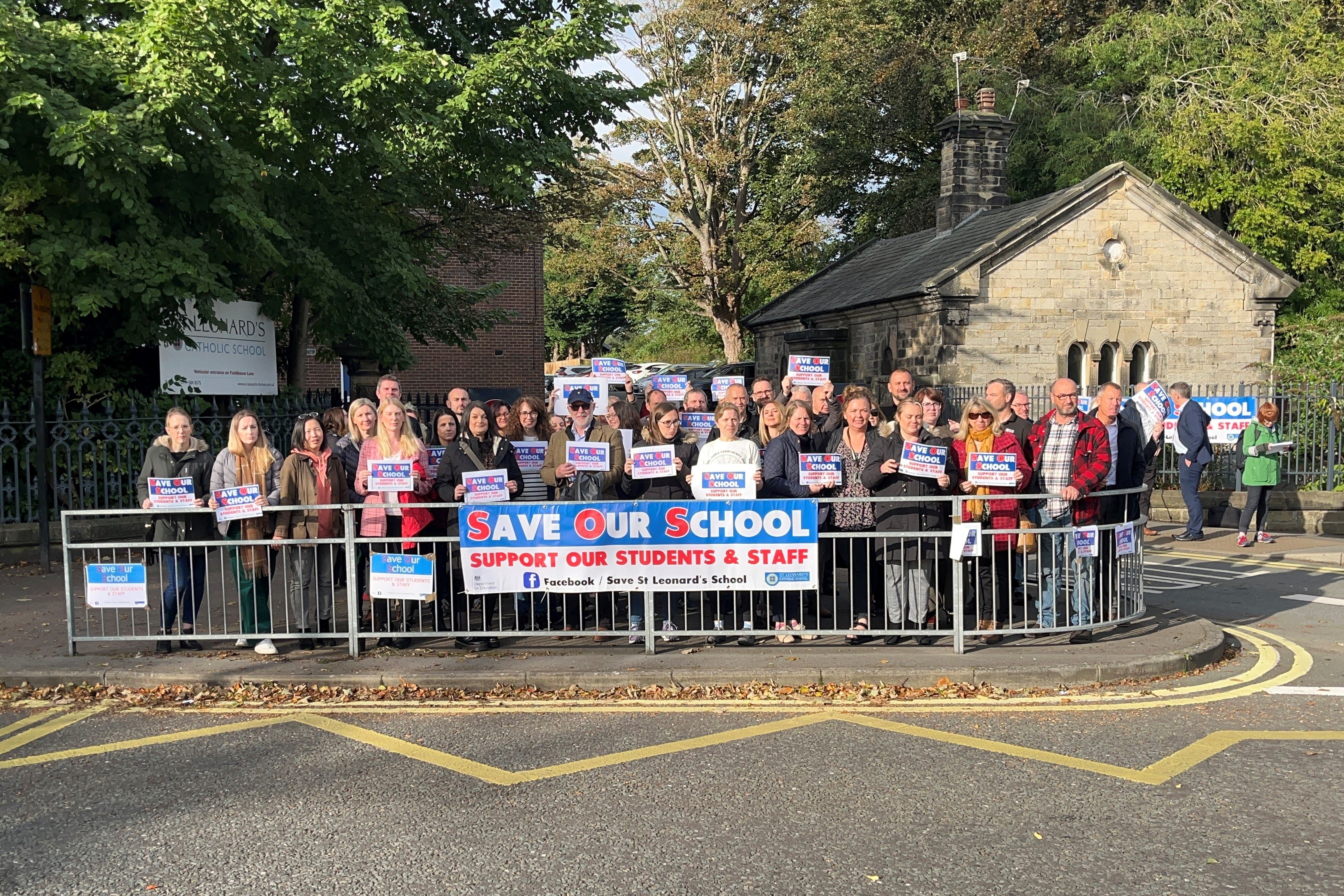 Parents demonstrate in September in support of St Leonard’s Catholic School, Durham, which has been disrupted by the discovery of reinforced autoclaved aerated concrete (Tom Wilkinson/PA)