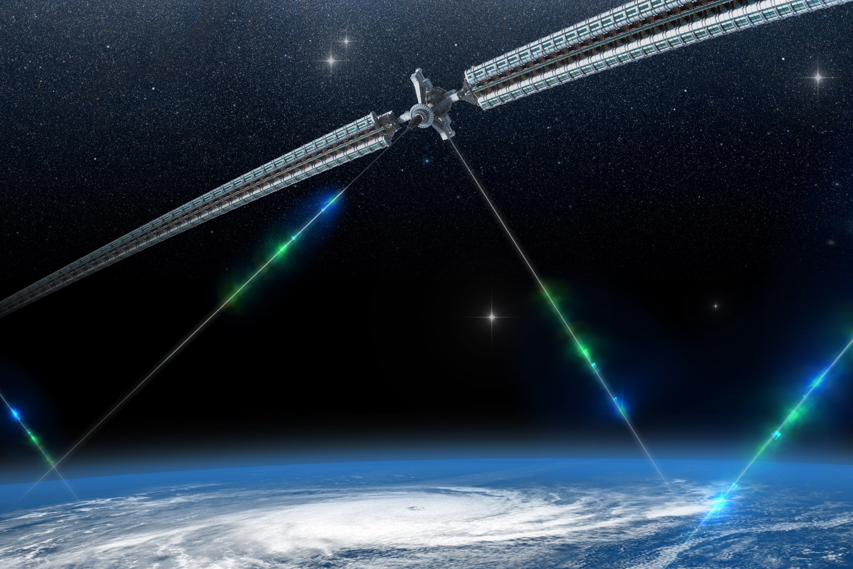 An illustration of how solar energy could be beamed to Earth via satellites