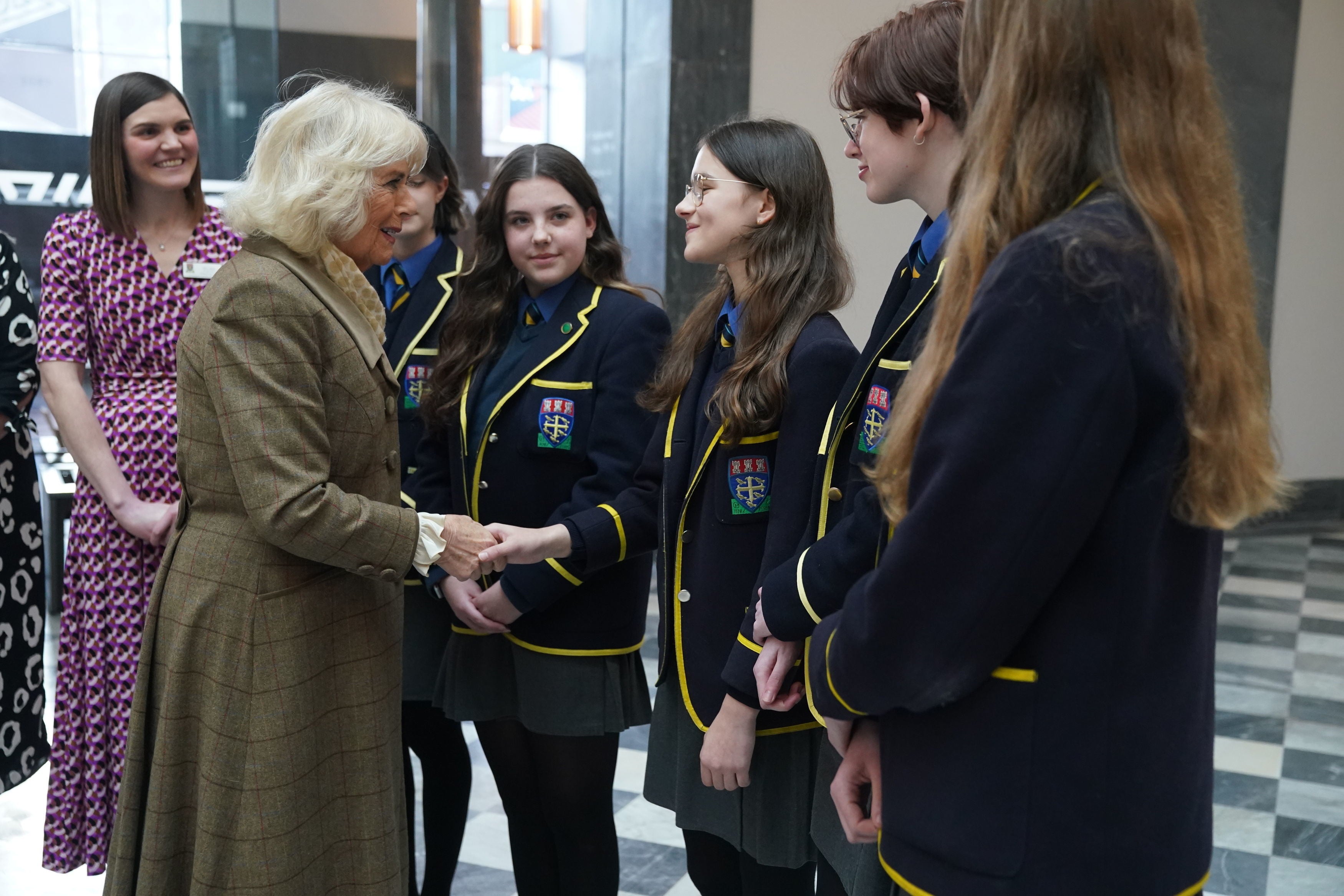 Camilla meets young people during a visit to Aberdeen Art Gallery