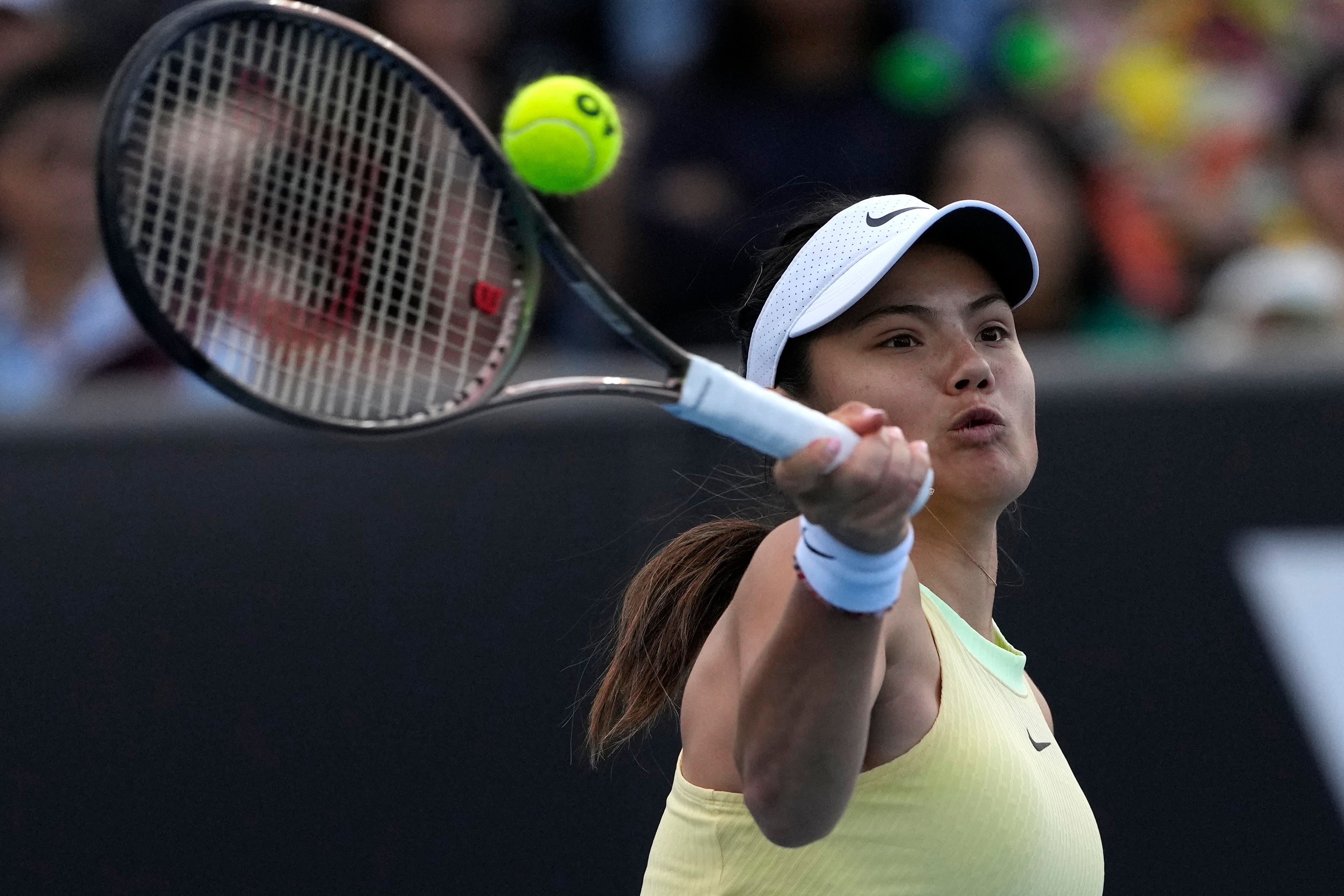 Emma Raducanu hits a forehand against Wang Yafan (Alessandra Tarantino/AP)