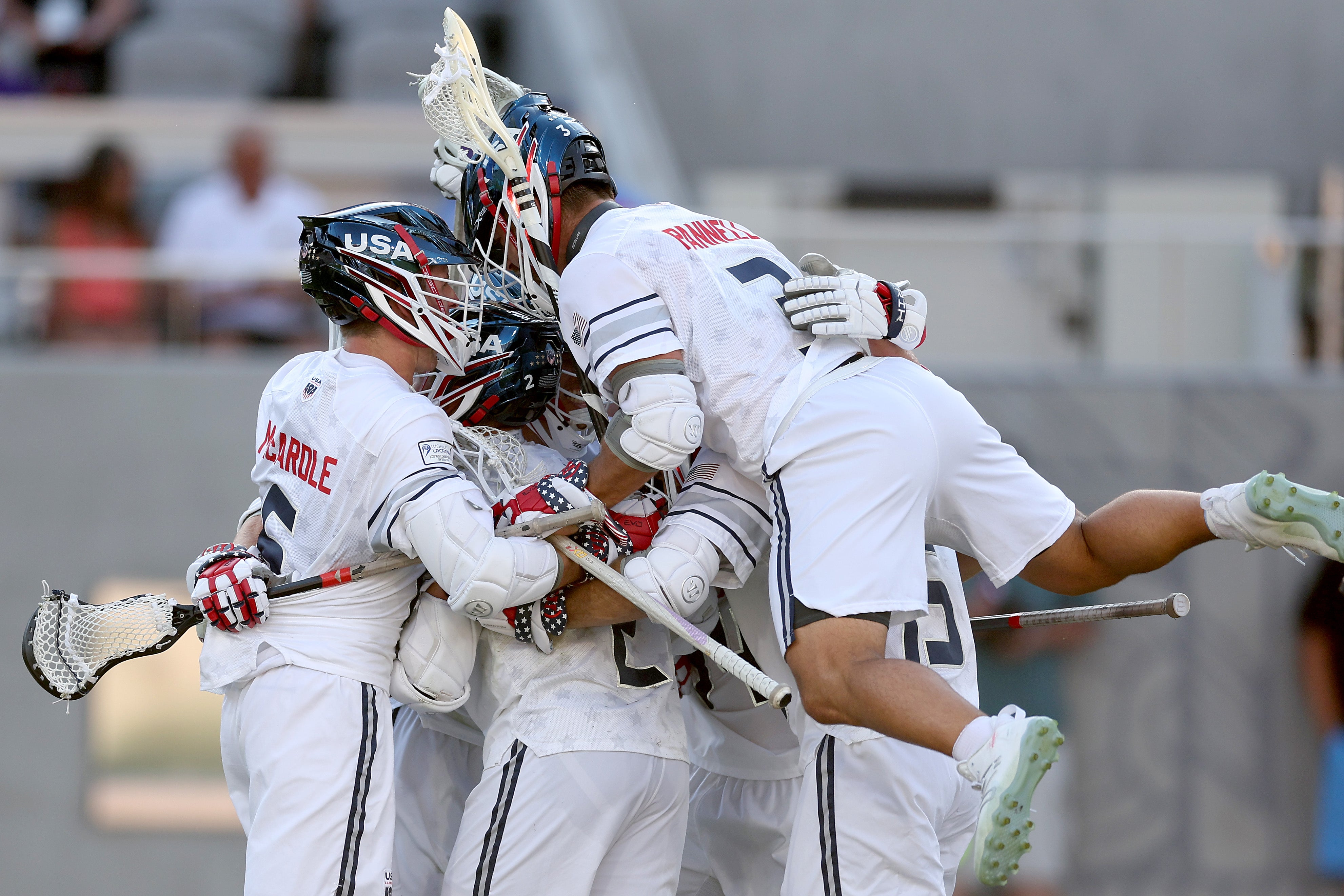 Team USA celebrate a Michael Sowers goal at the World Lacrosse Championship in San Diego