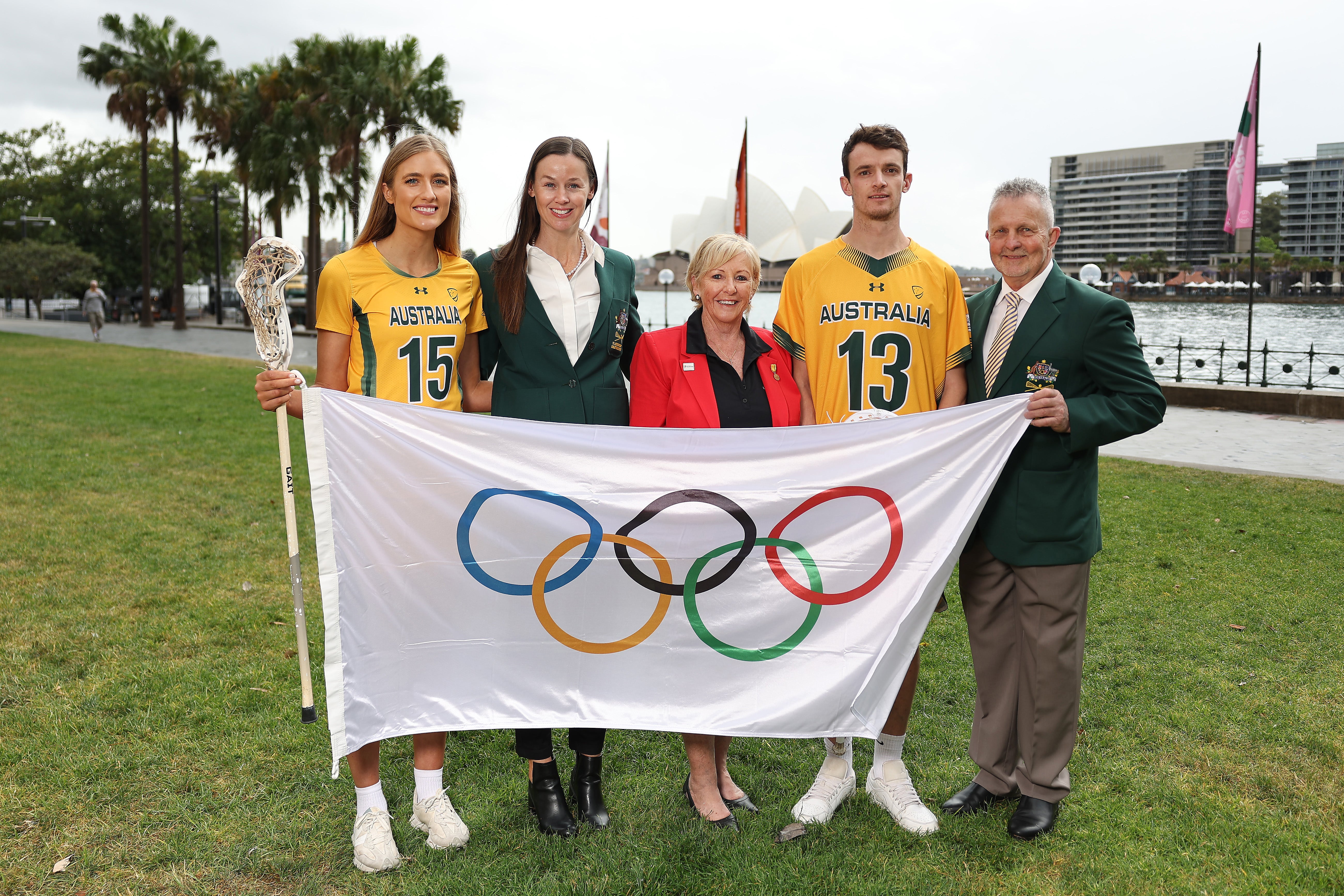 Lacrosse players Olivia Parker and Campbell Mackinnon at the announcement of the new sports for the Los Angeles 2028 Olympics