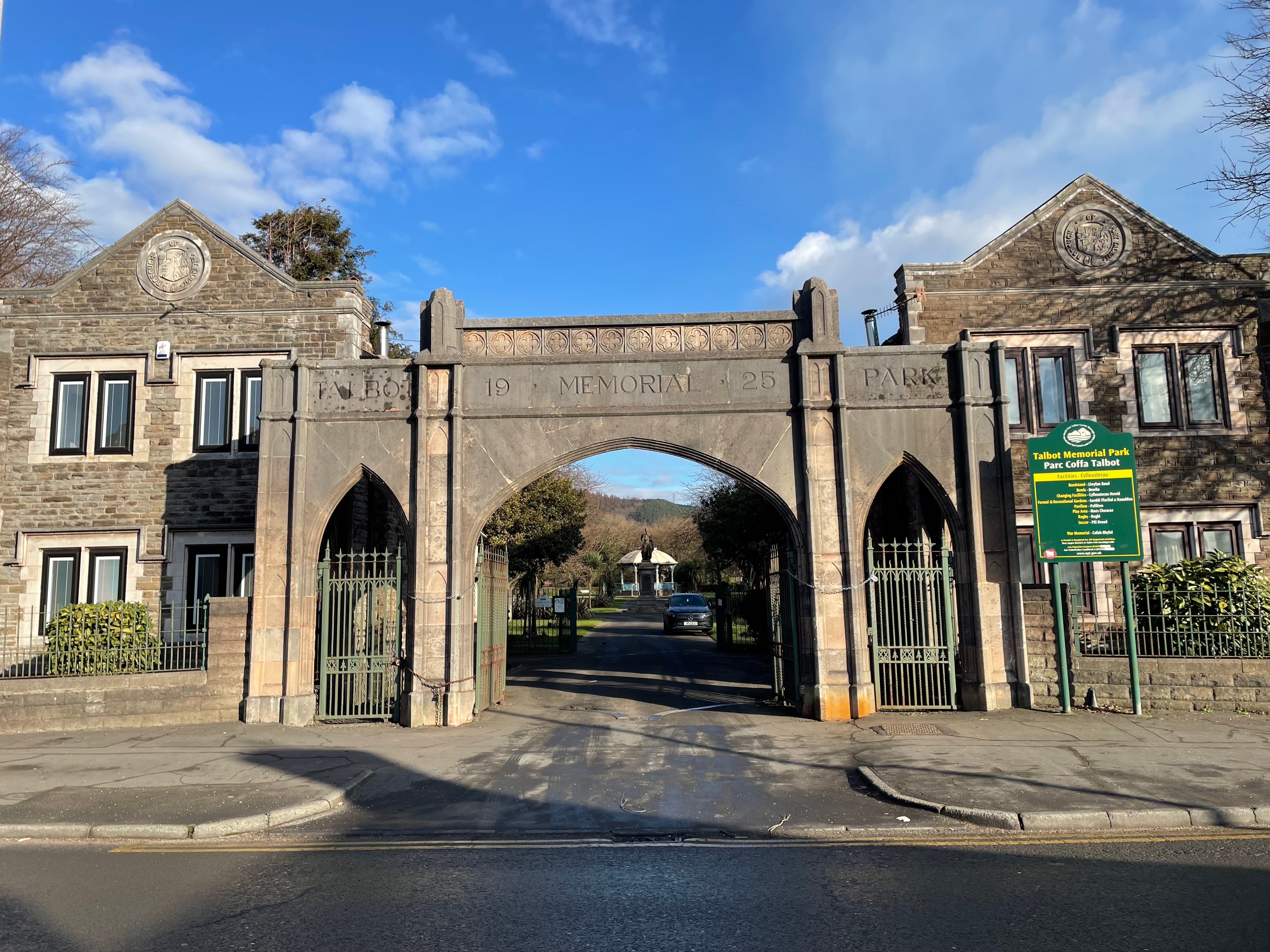 Entrance to the Talbot Memorial Park which features a bandstand and war memorial - it’s one of the attractive parts to the town