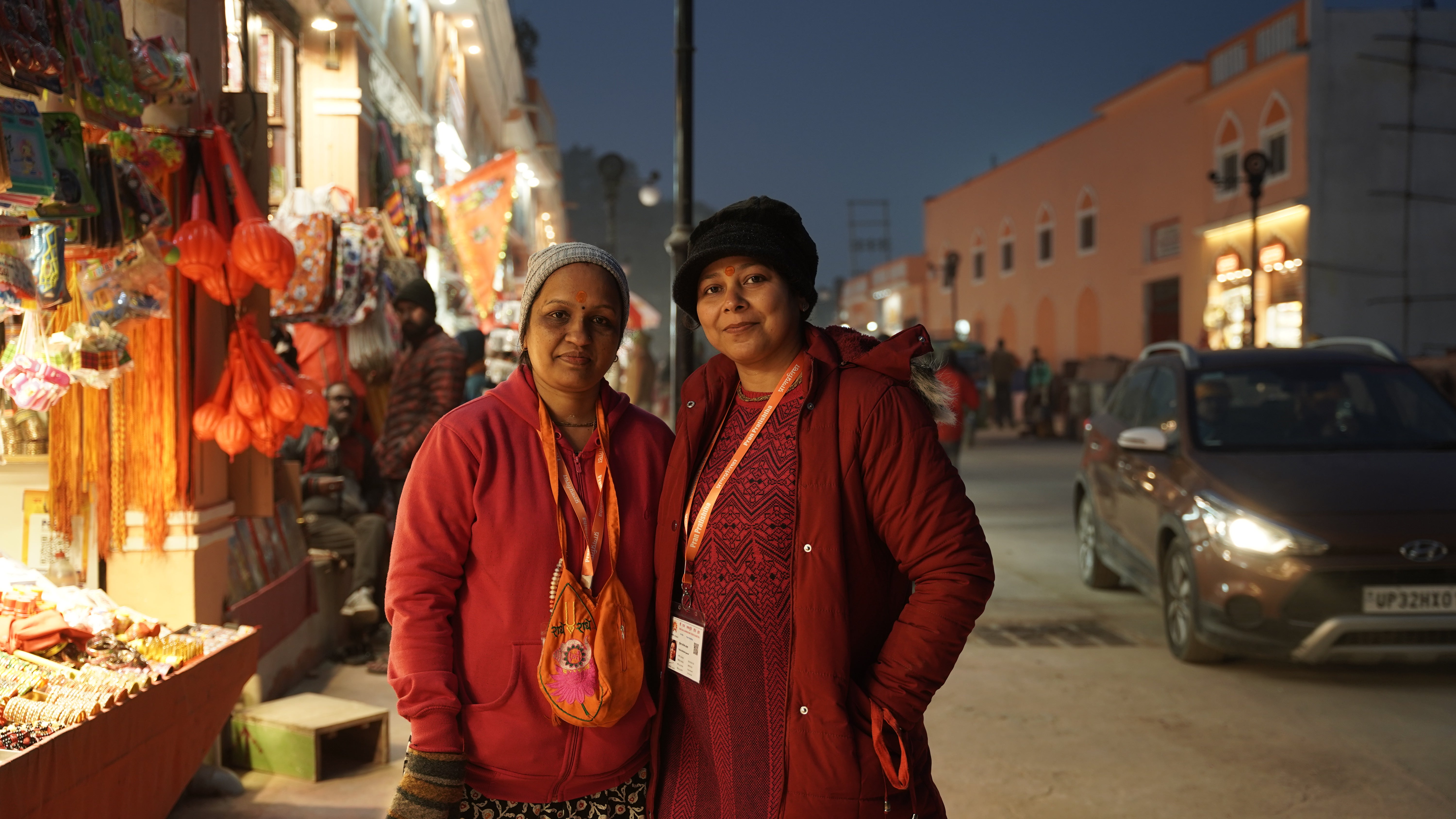 Sumita Pandey (left) and Sunita Aggrawal in Ayodhya after visiting the temple